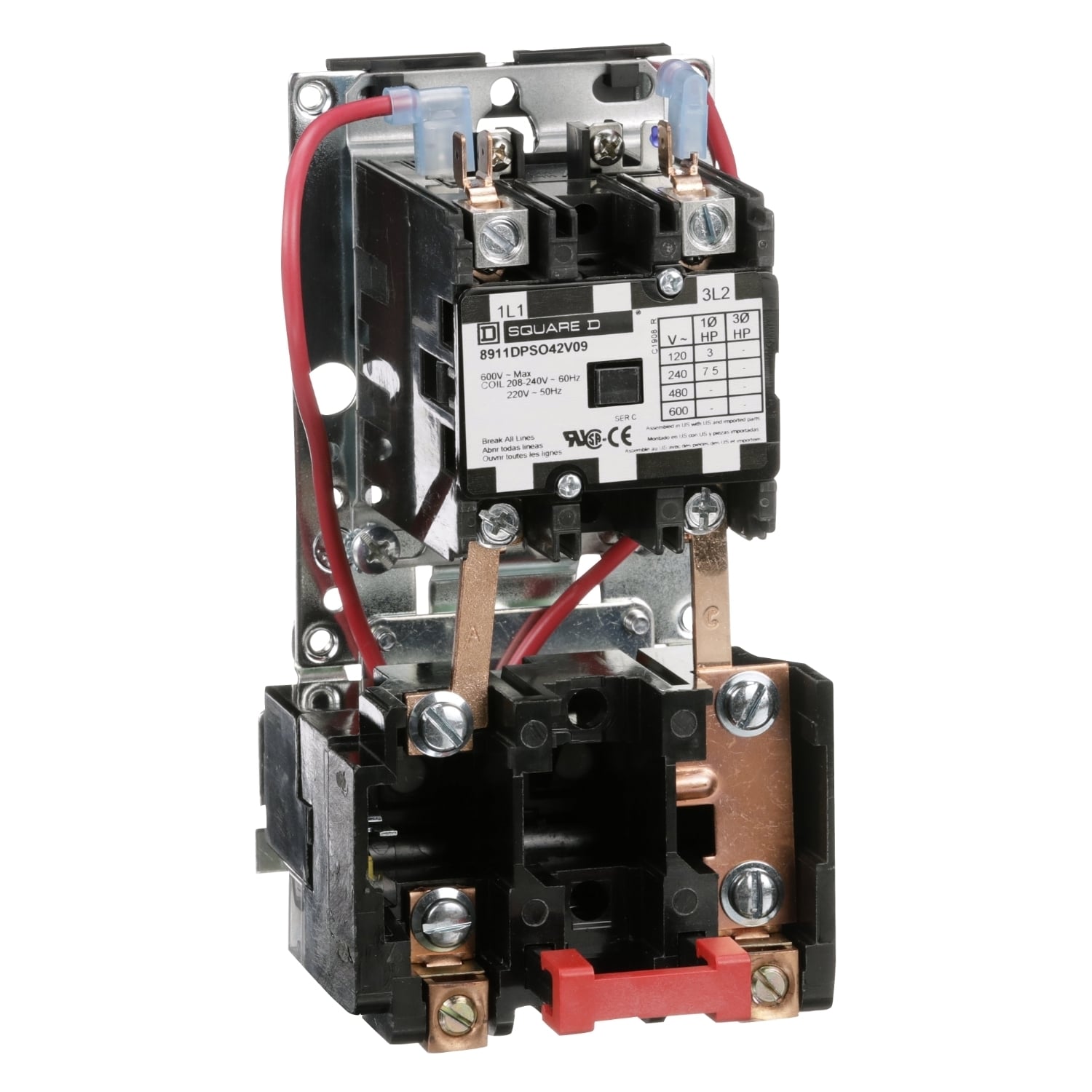 NEMA starter, Definite Purpose, 40A, 7.5HP at 240VAC, 1 phase, 2 pole, melting alloy, 208V to 240VAC coil, open