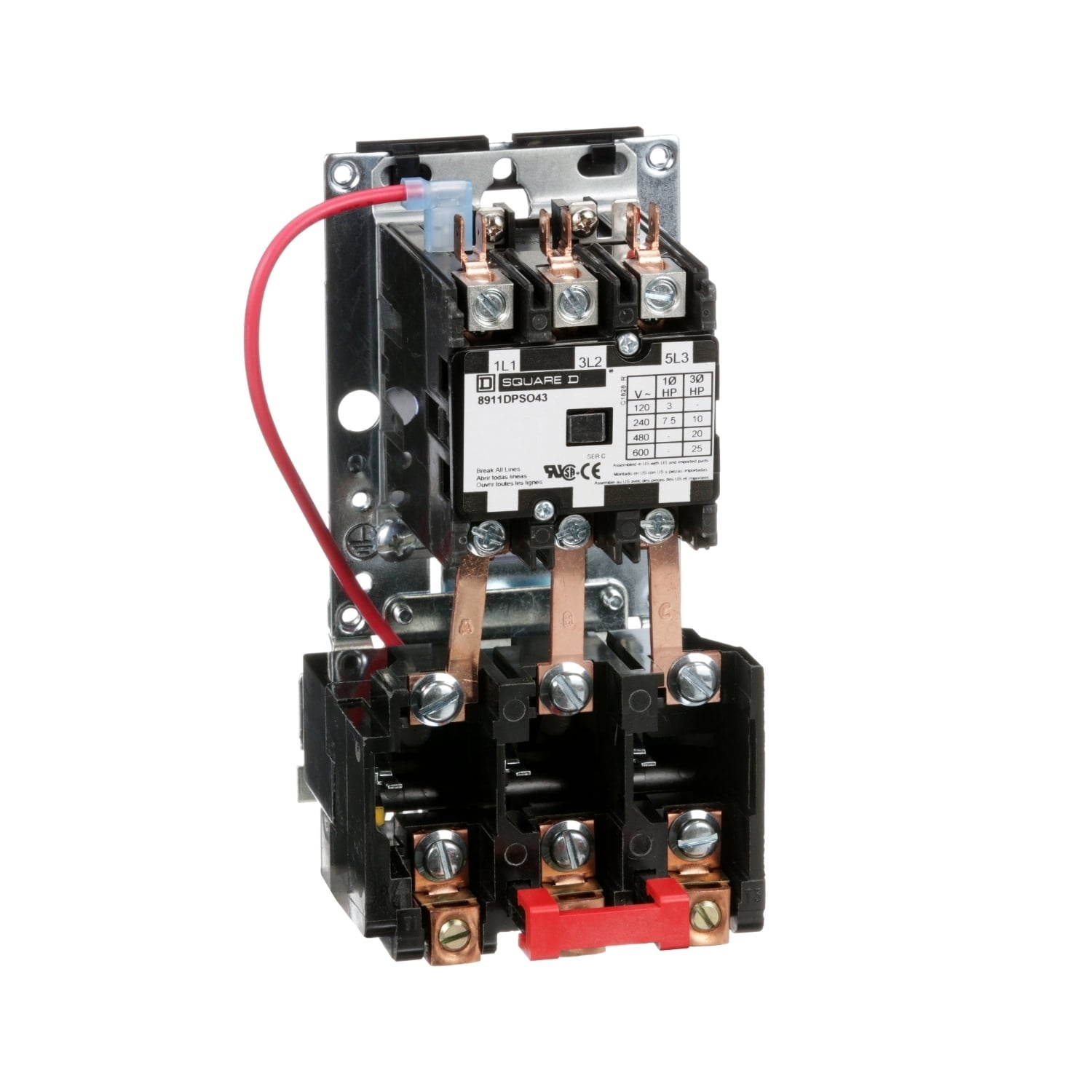 NEMA starter, Definite Purpose, 40A, 25HP at 600VAC, 3 phase, 3 pole, melting alloy, 120VAC coil, open