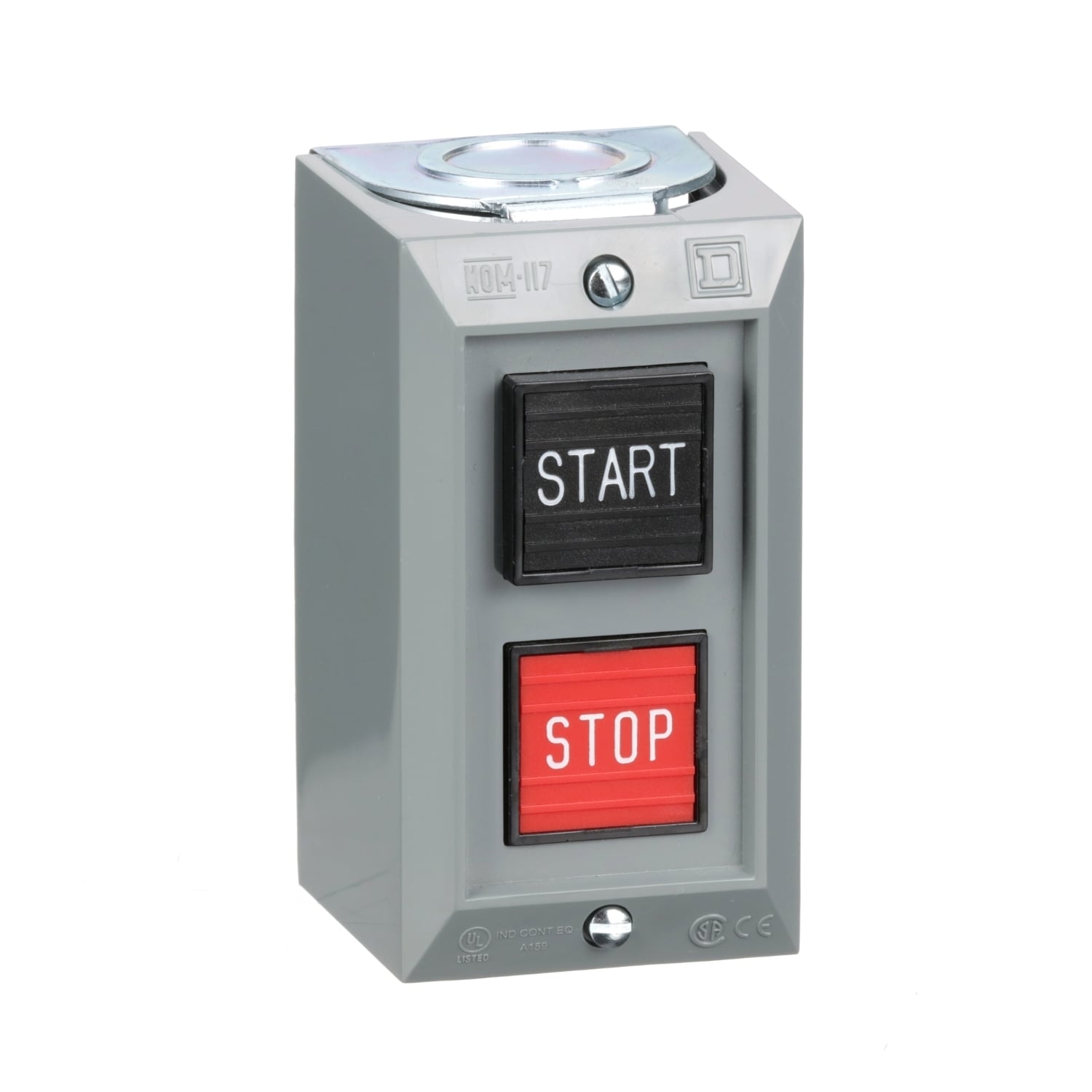 Complete control station, Harmony 9001B, 2 push buttons START/STOP, interlocked contact, 5A, 600V AC, 2NO, NEMA 1