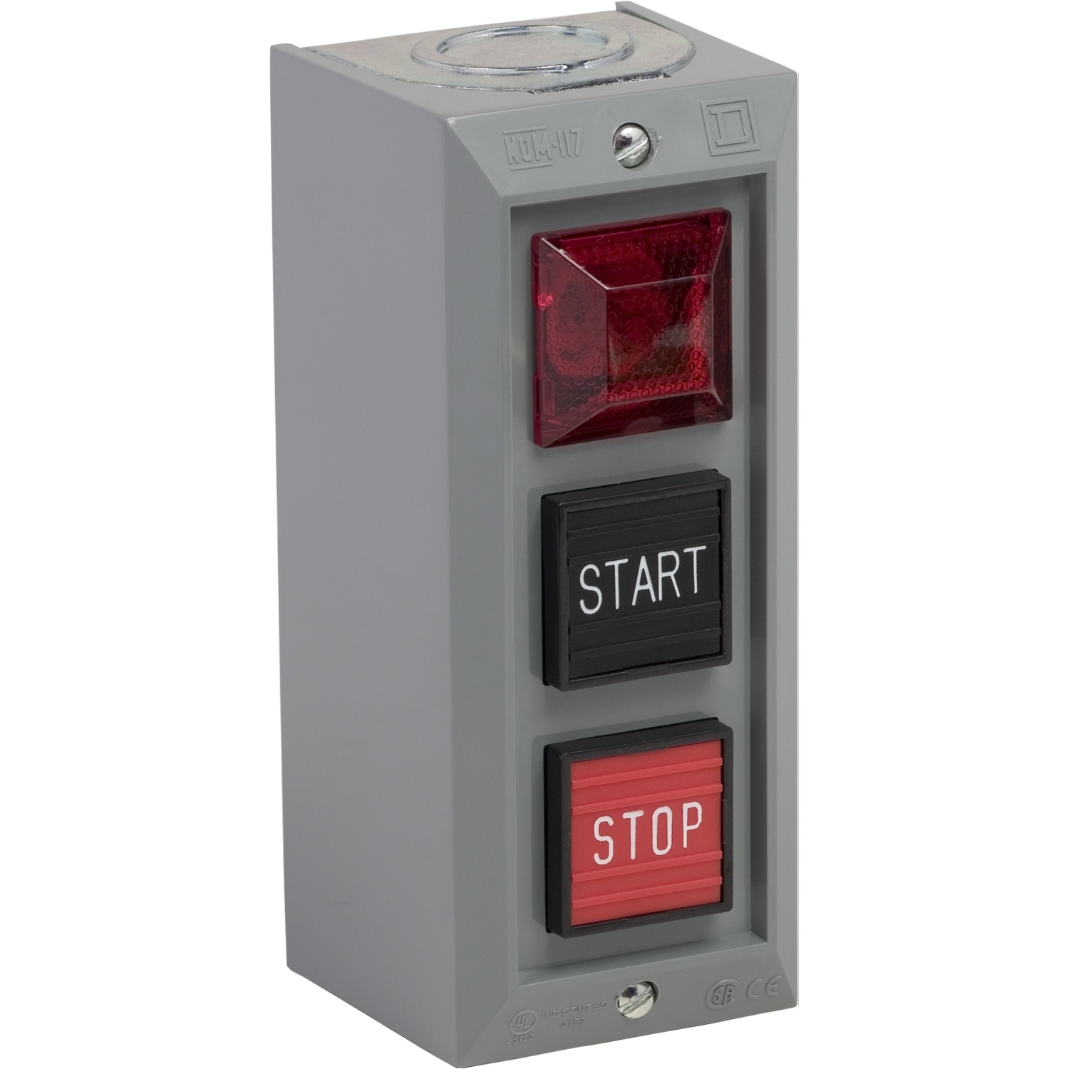 Push button, Type B, standard duty control station, 5A, 600 VAC, START/STOP, red pilot light, NEMA 1