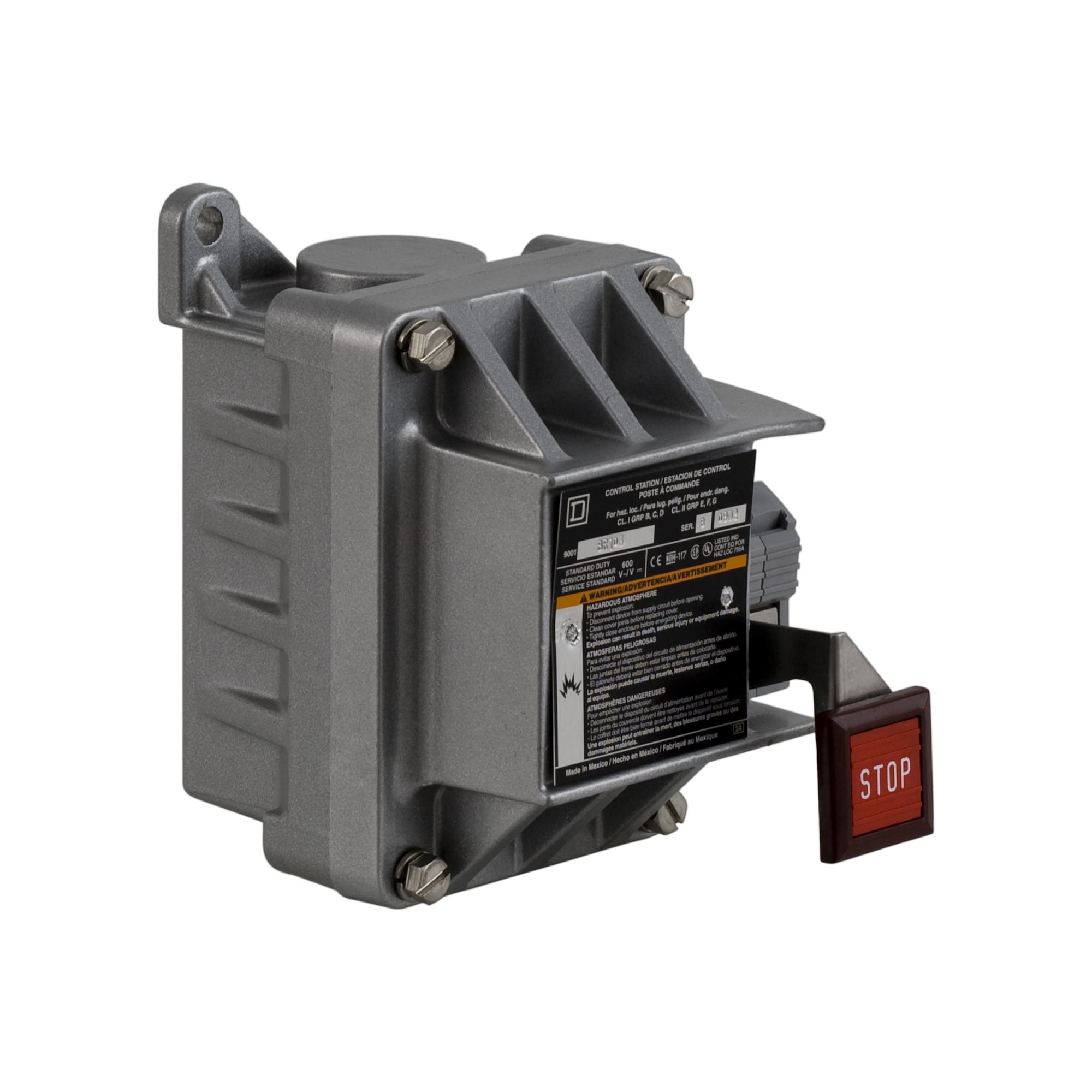 Push button, Type B, standard duty control station, 5A, 600VAC, mushroom button, STOP, NEMA 7/9