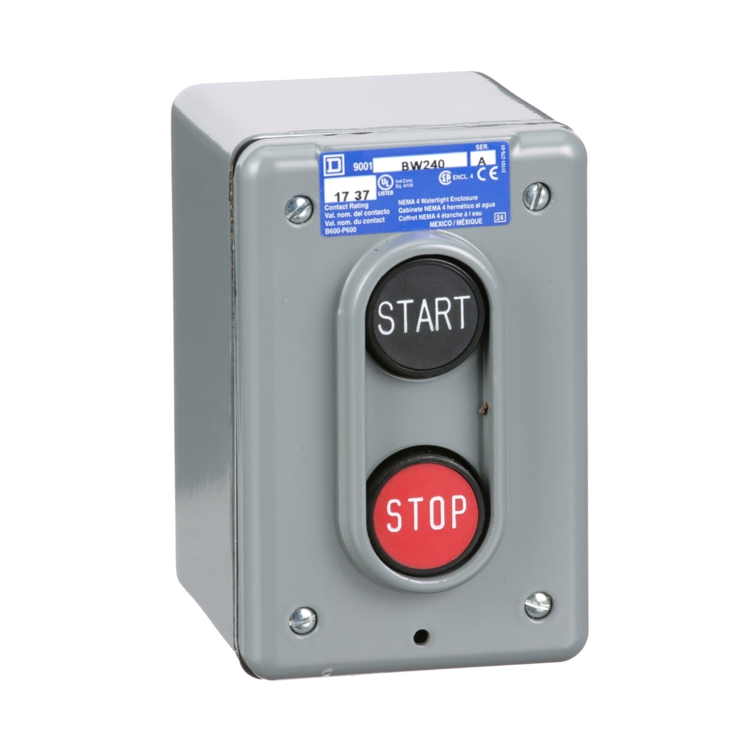 Complete control station, Harmony 9001B, 2 push buttons START-STOP, with lockout, 5A, 600V AC, 1NO + 1NC, NEMA 4