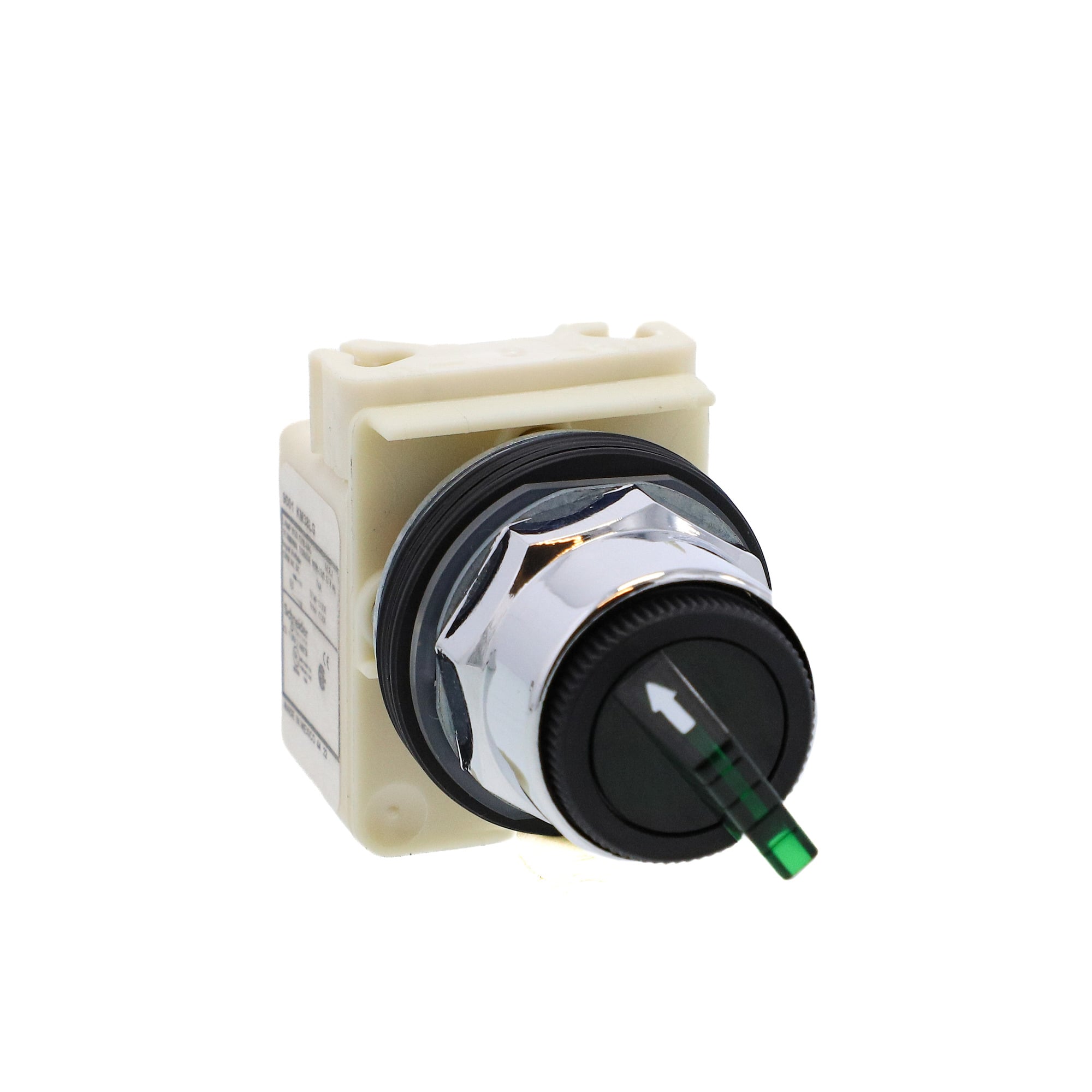 Illuminated selector switch head, Harmony 9001K, metal, standard handle, green, 30mm, 2 positions, stay put, LED green, 120V