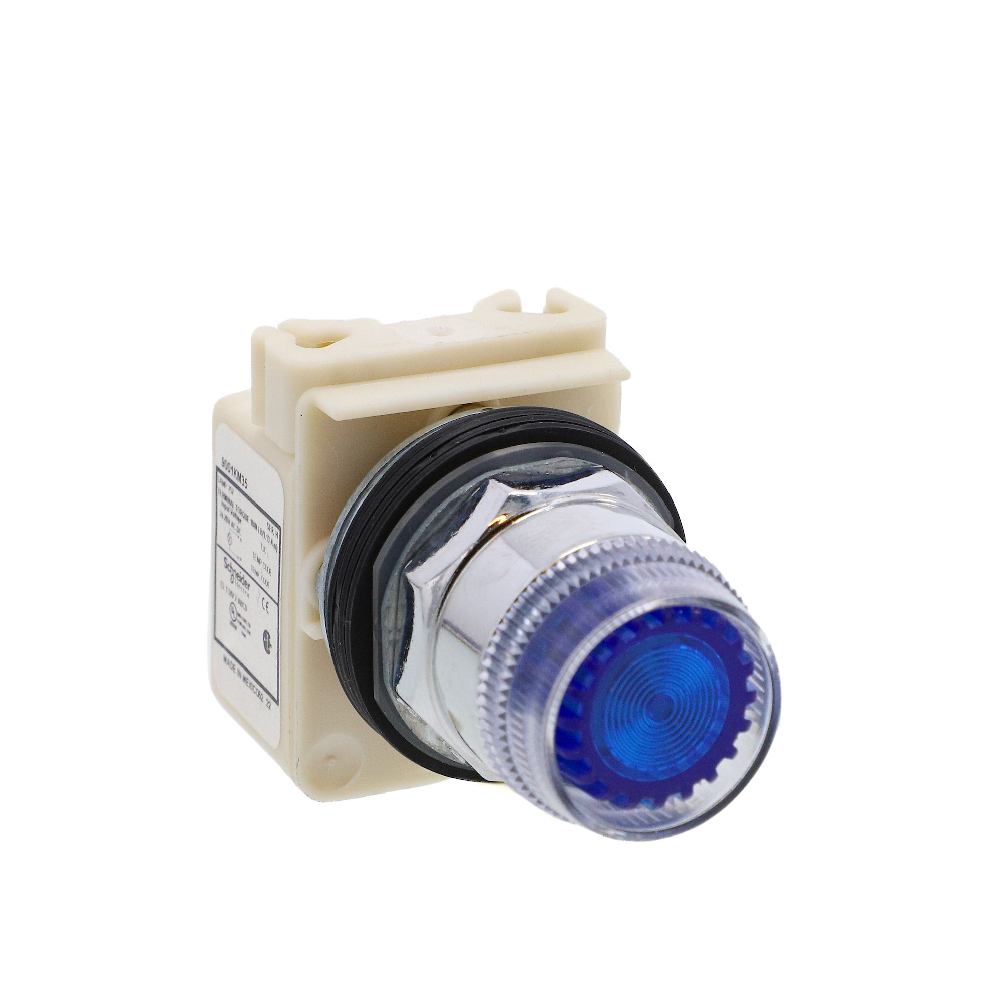 Illuminated push-button head, Harmony 9001K, metal, plastic guard flush, blue, 30mm, spring return, 24-28V