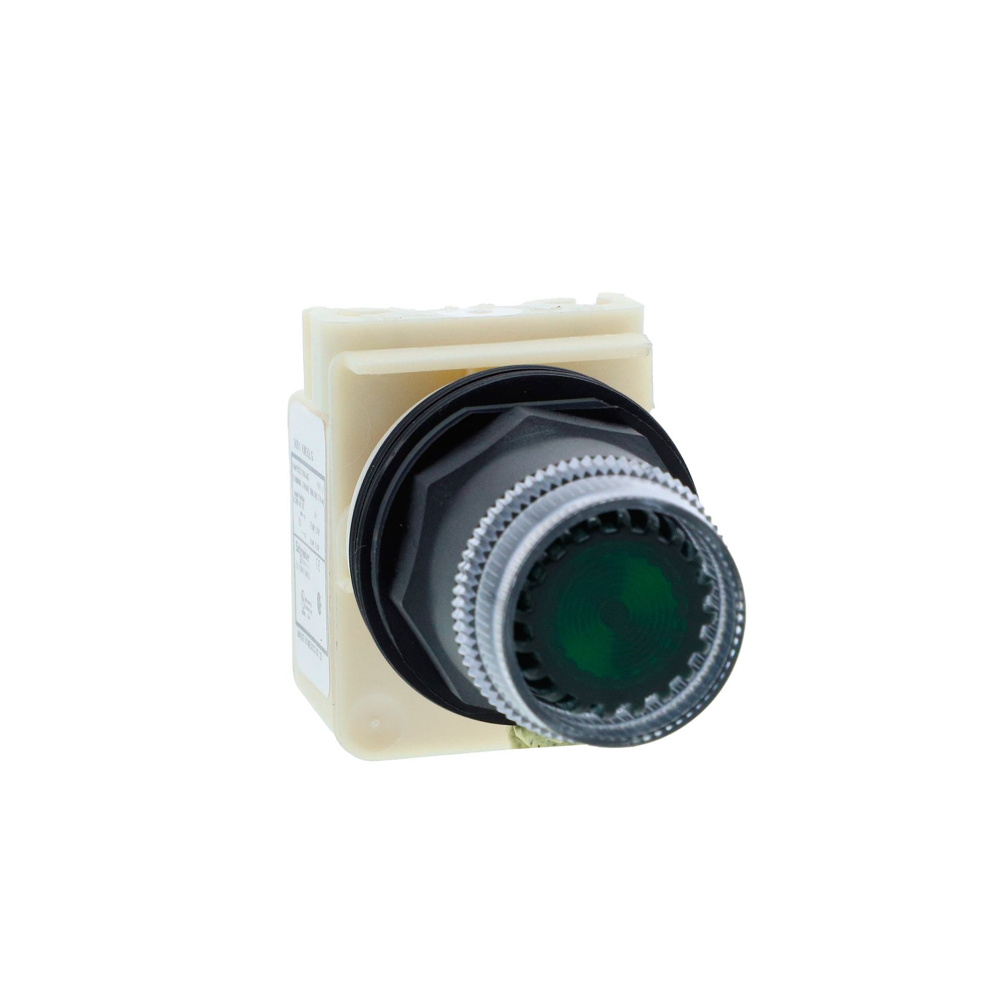 Illuminated push-button head, Harmony 9001K, metal, plastic guard flush, green, 30mm, spring return, LED green, 24-28V
