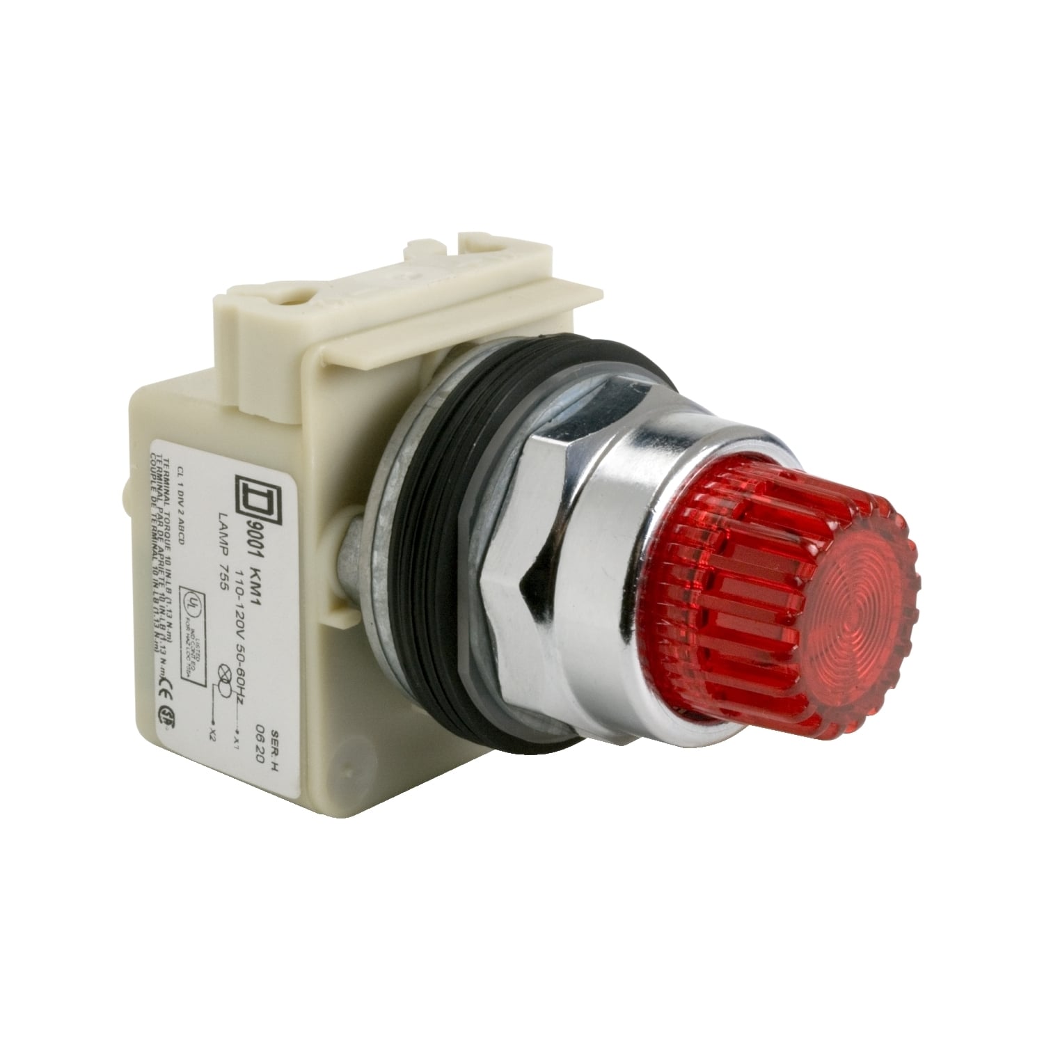 Complete illuminated push button, Harmony 9001K, metal, projecting, red, 30mm, spring return, LED red, 24...28V