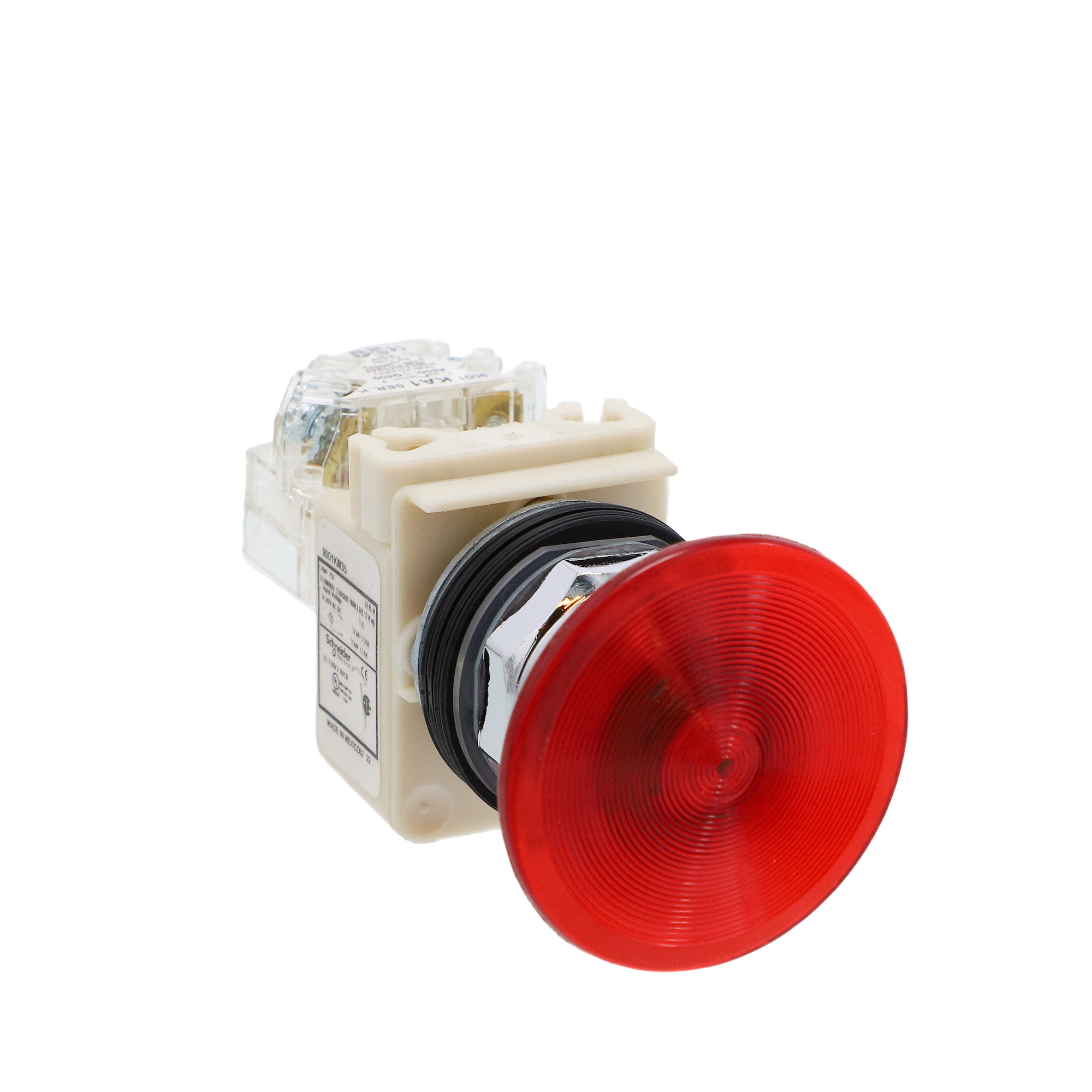 Illuminated push-button, Harmony 9001K, metal, mushroom 57mm, red, 30mm, spring return, 24-28V, 1 C/O