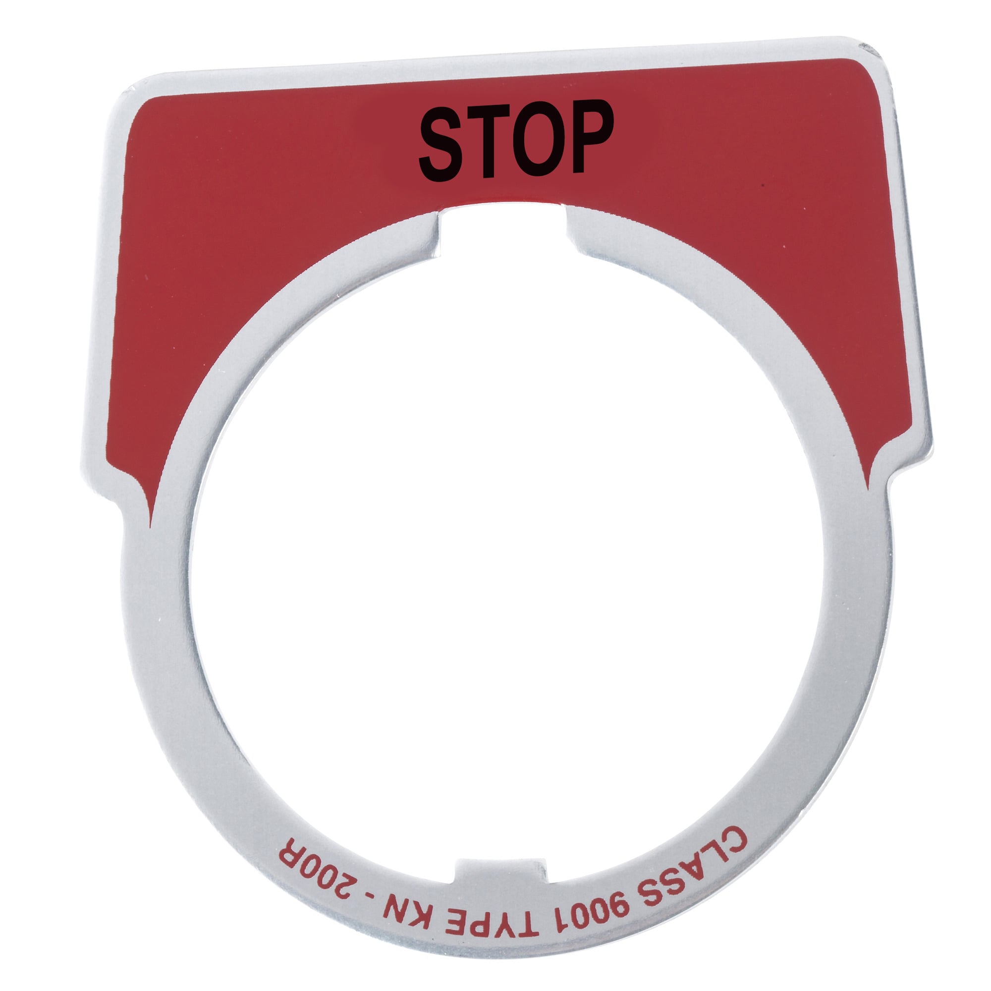 30mm Push Button, Types K or SK, plastic legend plate, 1.75 by 1.75 inch, red, marked STOP