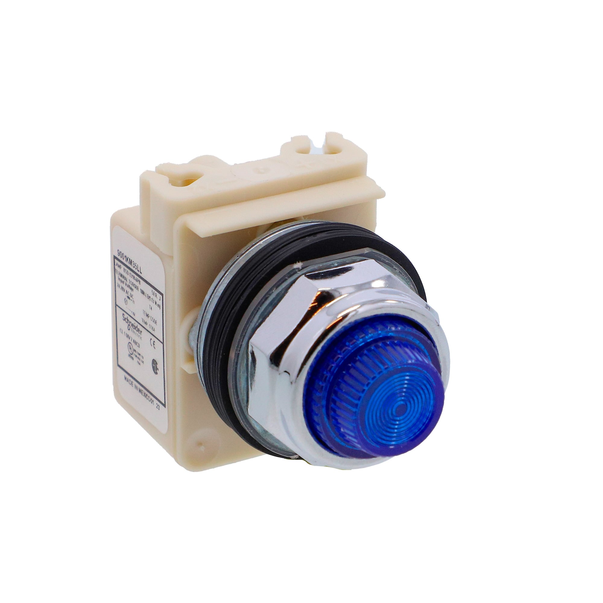 30mm push button, Type K, pilot light, blue 24/28VAC/VDC LED light module, blue plastic fresnel lens, NEMA 4, 13