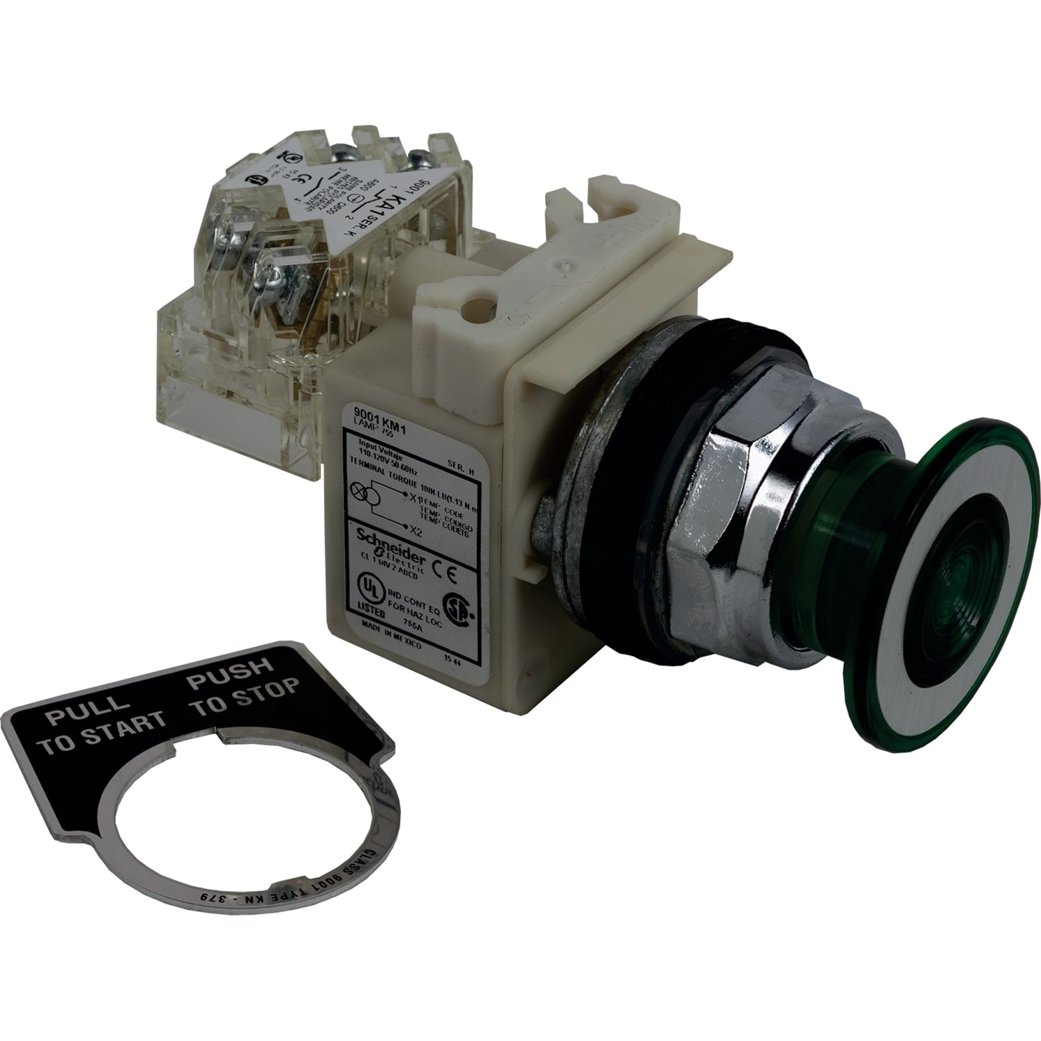 Illuminated push button, Harmony 9001K, metal, mushroom 41mm, green, 30mm, 2 positions, push pull, 110...120V, 1 CO