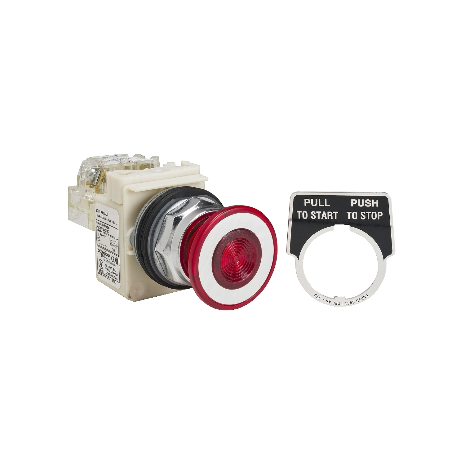 Illuminated push button, Harmony 9001K, metal, mushroom 41mm, red, 30mm, 2 positions, push pull, LED red, 24...28V, 1 CO