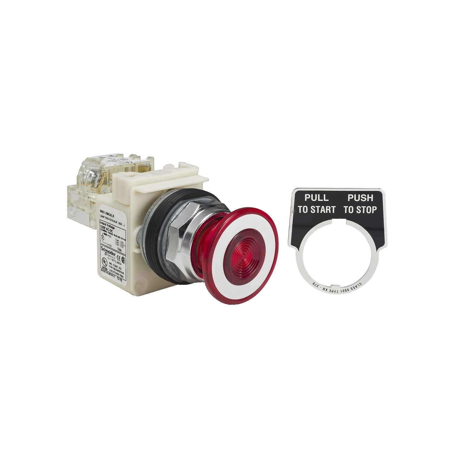 Illuminated push button, Harmony 9001K, metal, mushroom 41mm, red, 30mm, 2 positions, push pull, LED red, 120V, 1 changeover