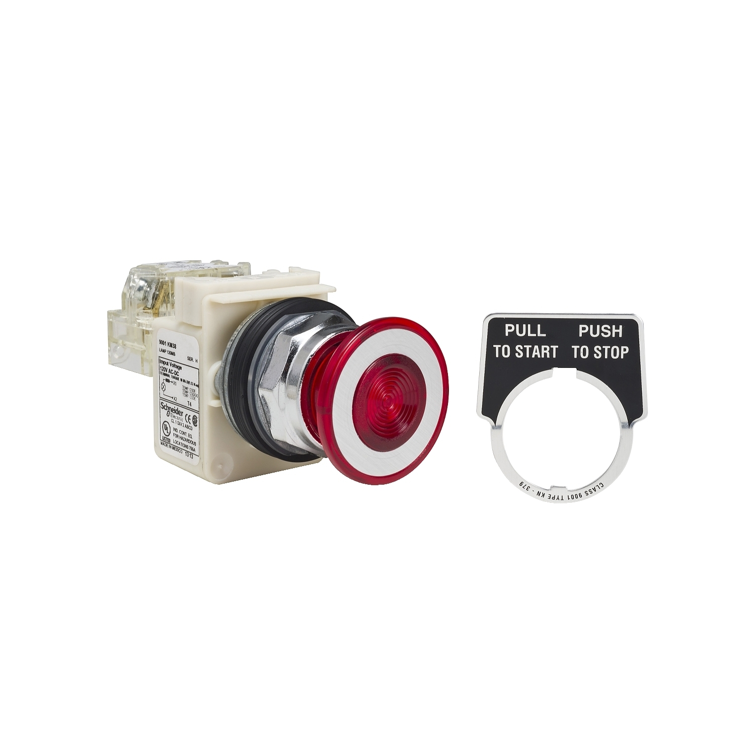 Illuminated push button, Harmony 9001K, metal, mushroom 41mm, red, 30mm, 2 positions, push pull, 120V, 1 changeover