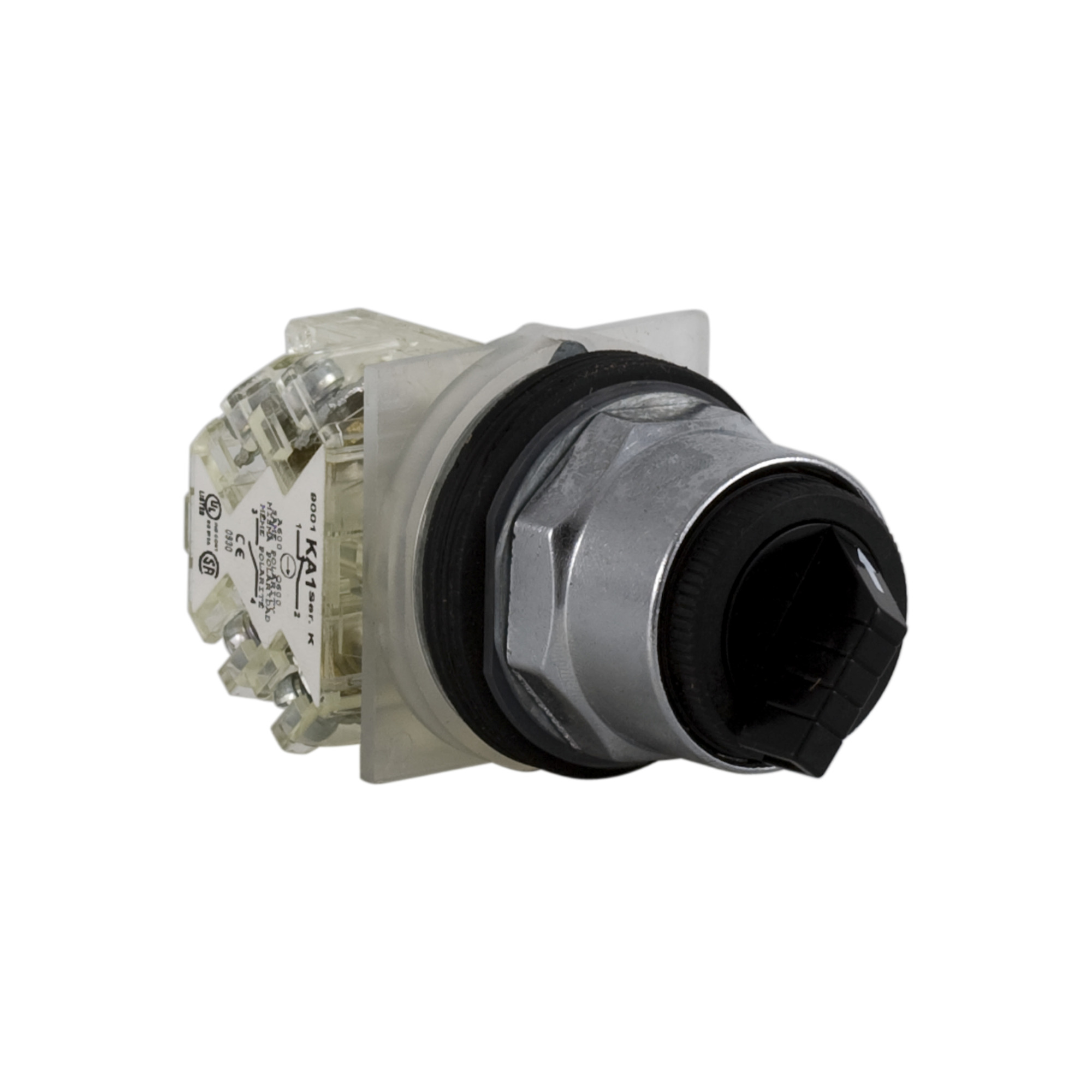 30mm push button, Type K, 2 position selector switch, 6A inductive at 120VAC, 2NO contacts, black knob, NEMA 4, 13