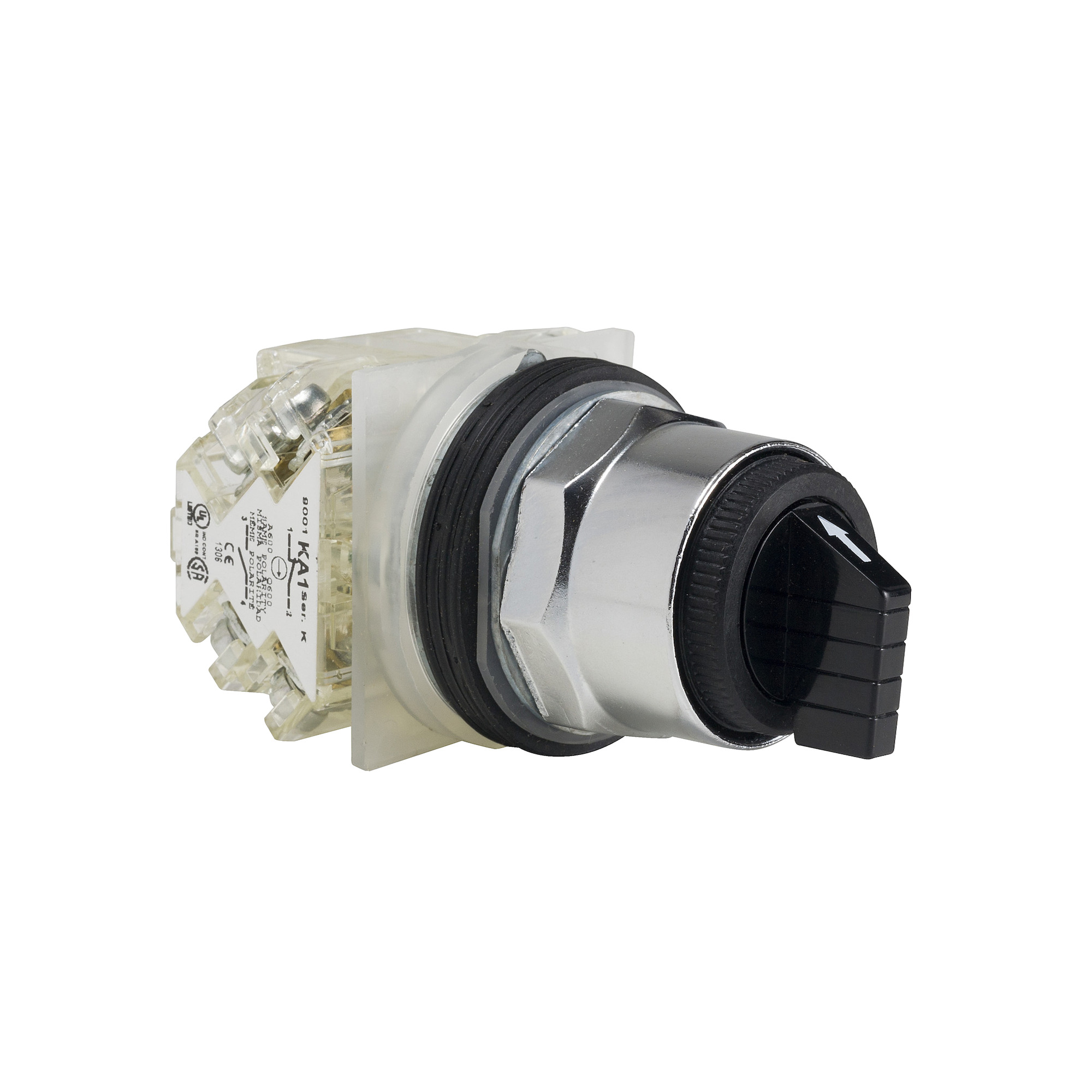 30mm push button, Type K, 3 position selector switch, 6A inductive at 120VAC, 2NO/2NC contacts, black knob, NEMA 4, 13
