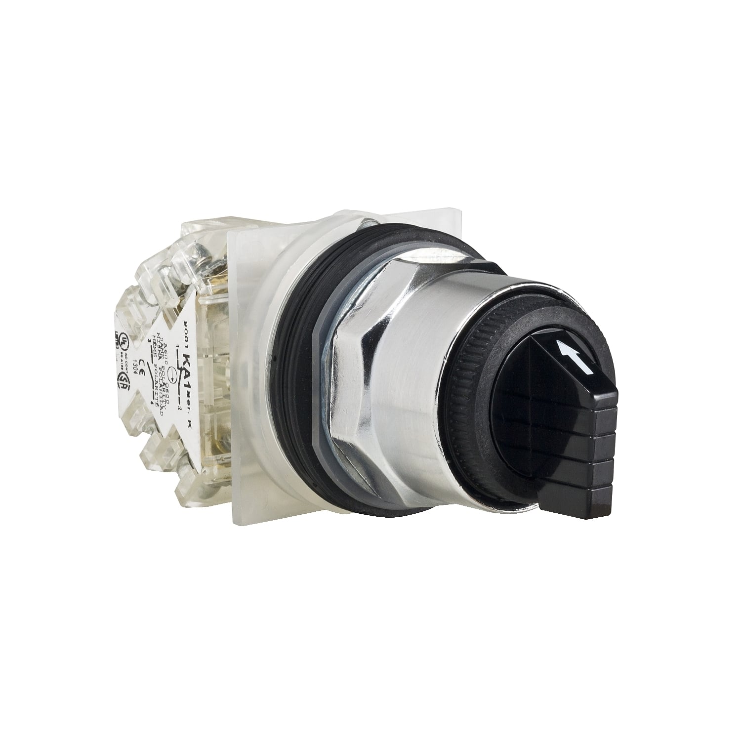 Selector switch, Harmony 9001K, metal, standard handle, black, 30mm, 3 positions, return both side to center, 1 change over