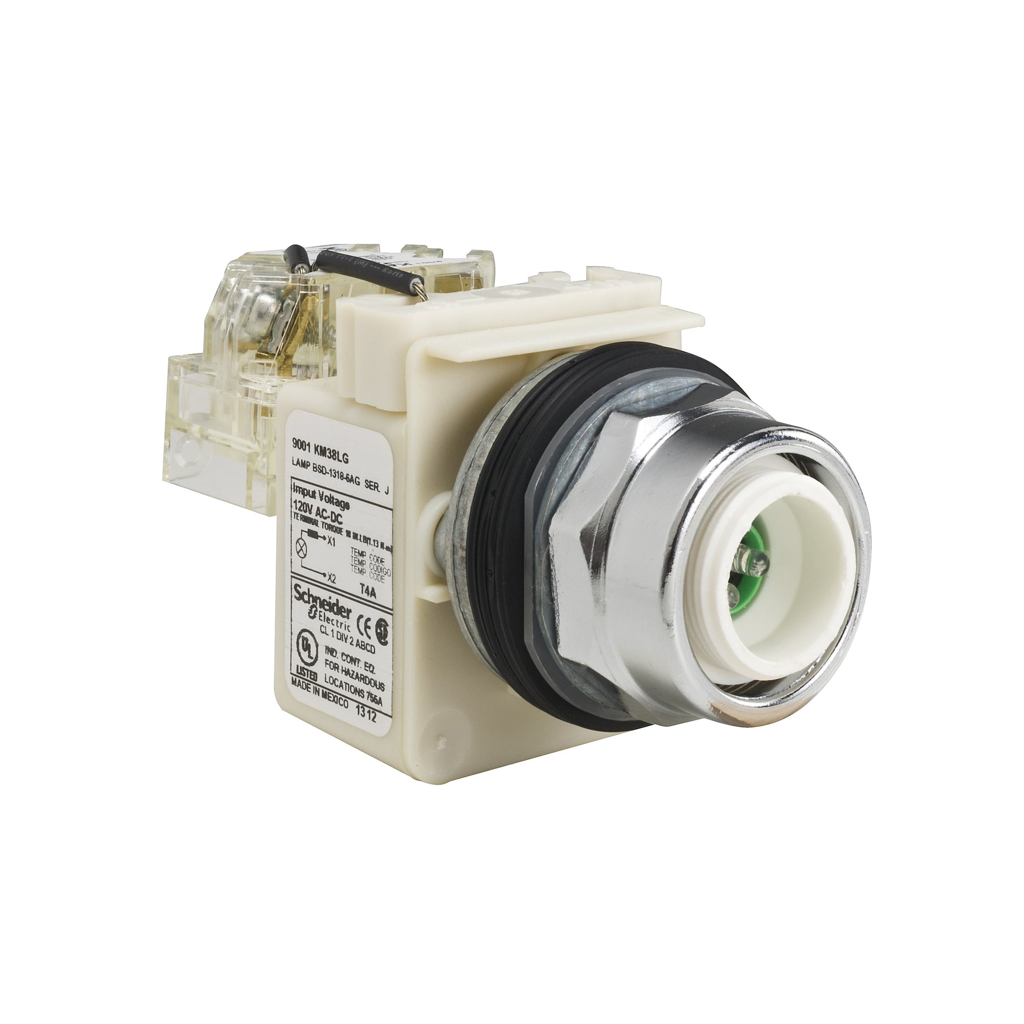 30mm push button, Type K, push to test pilot light, green LED light module, 120VAC/VDC, no lens, NEMA 4, 13