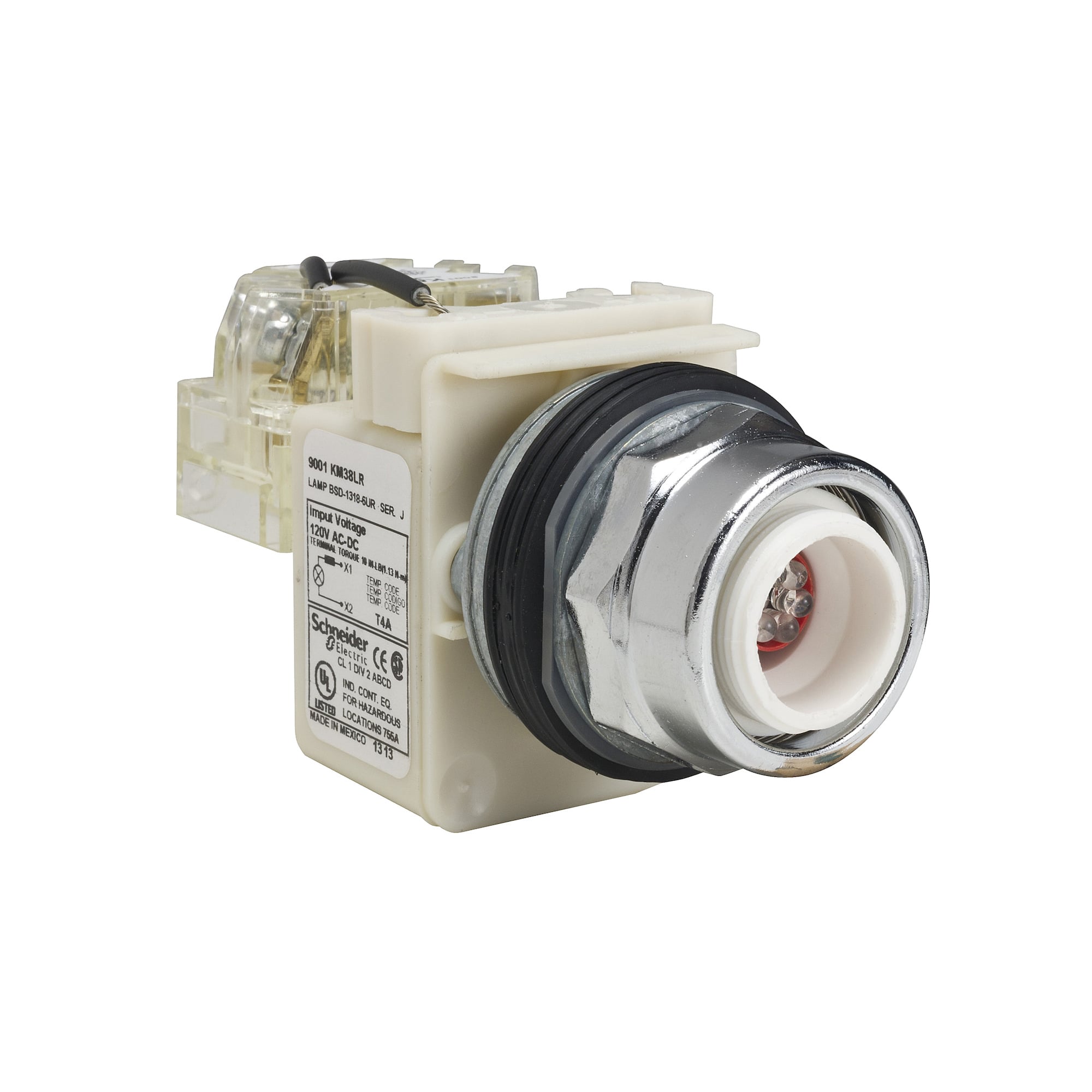 30mm push button, Type K, push to test pilot light, red LED light module, 120VAC/VDC, no lens, NEMA 4, 13
