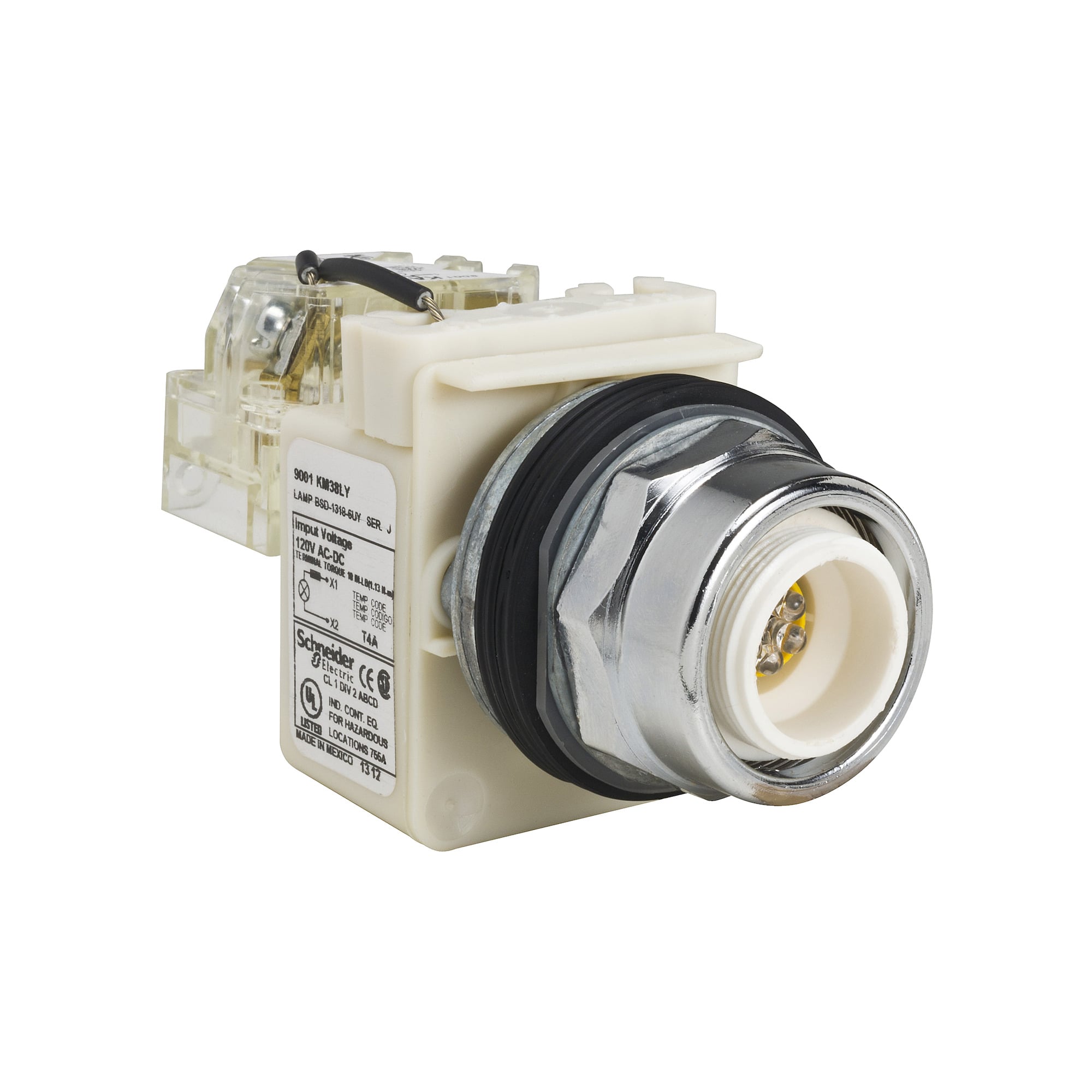 30mm push button, Type K, push to test pilot light, yellow LED light module, 120VAC/VDC, no lens, NEMA 4, 13