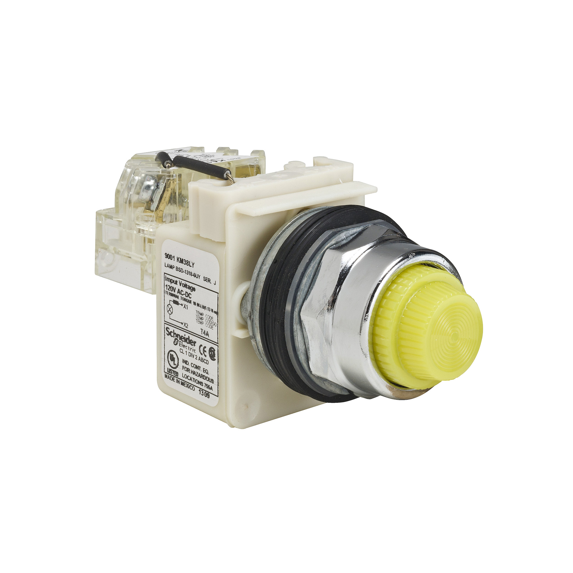 30mm push button, Type K, push to test pilot light, yellow LED light module, 120VAC/VDC, yellow fresnel lens, NEMA 4, 13