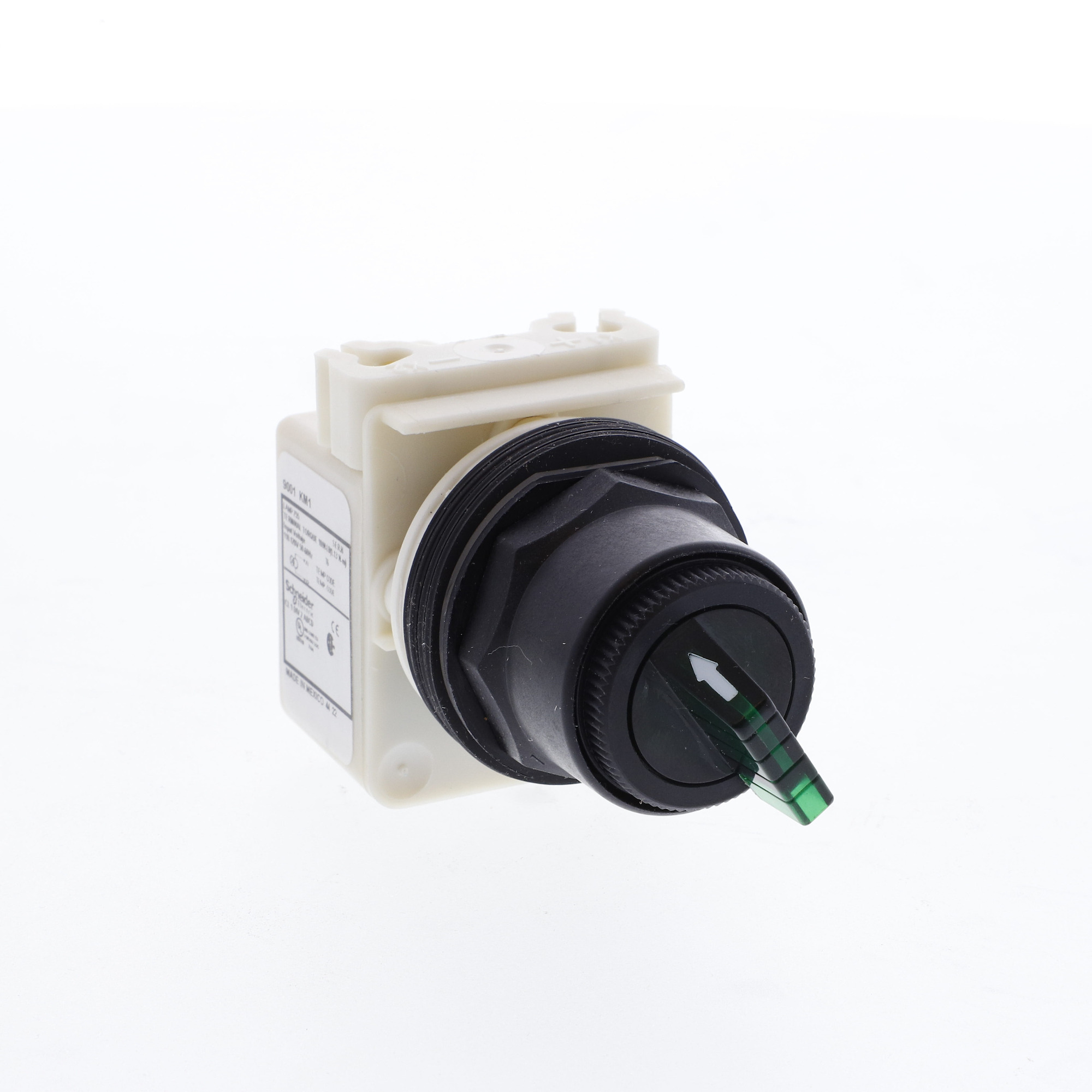 Illuminated selector switch head, Harmony 9001SK, plastic, standard handle, green, 30mm, 2 positions, stay put, 110-120V