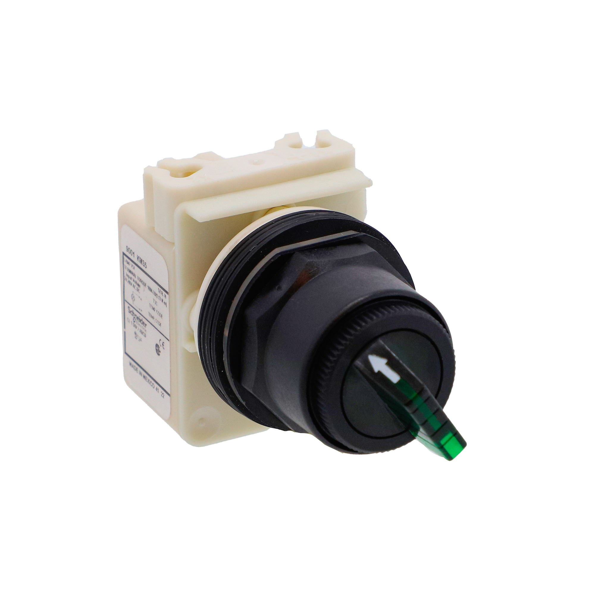 Illuminated selector switch head, Harmony 9001SK, plastic, standard handle, green, 30mm, 2 positions, stay put, 24-28V