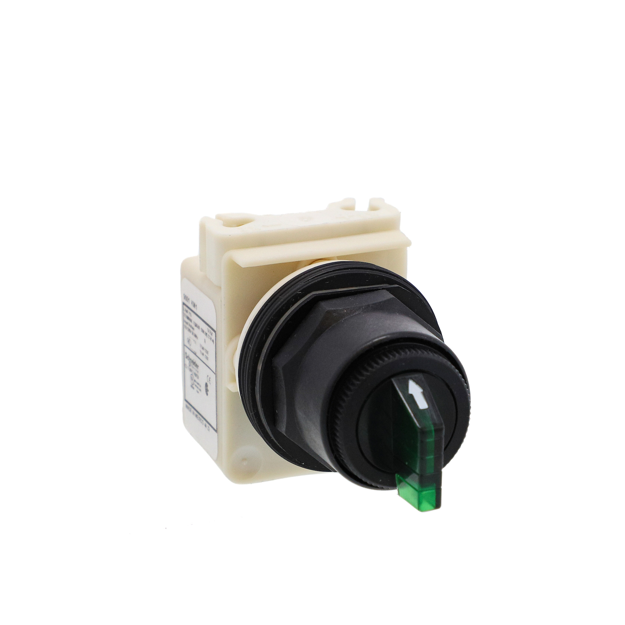 30mm push button, Type SK, illuminated selector switch, 3 position, 120VAC light module, green knob, no contacts, NEMA 4, 4X
