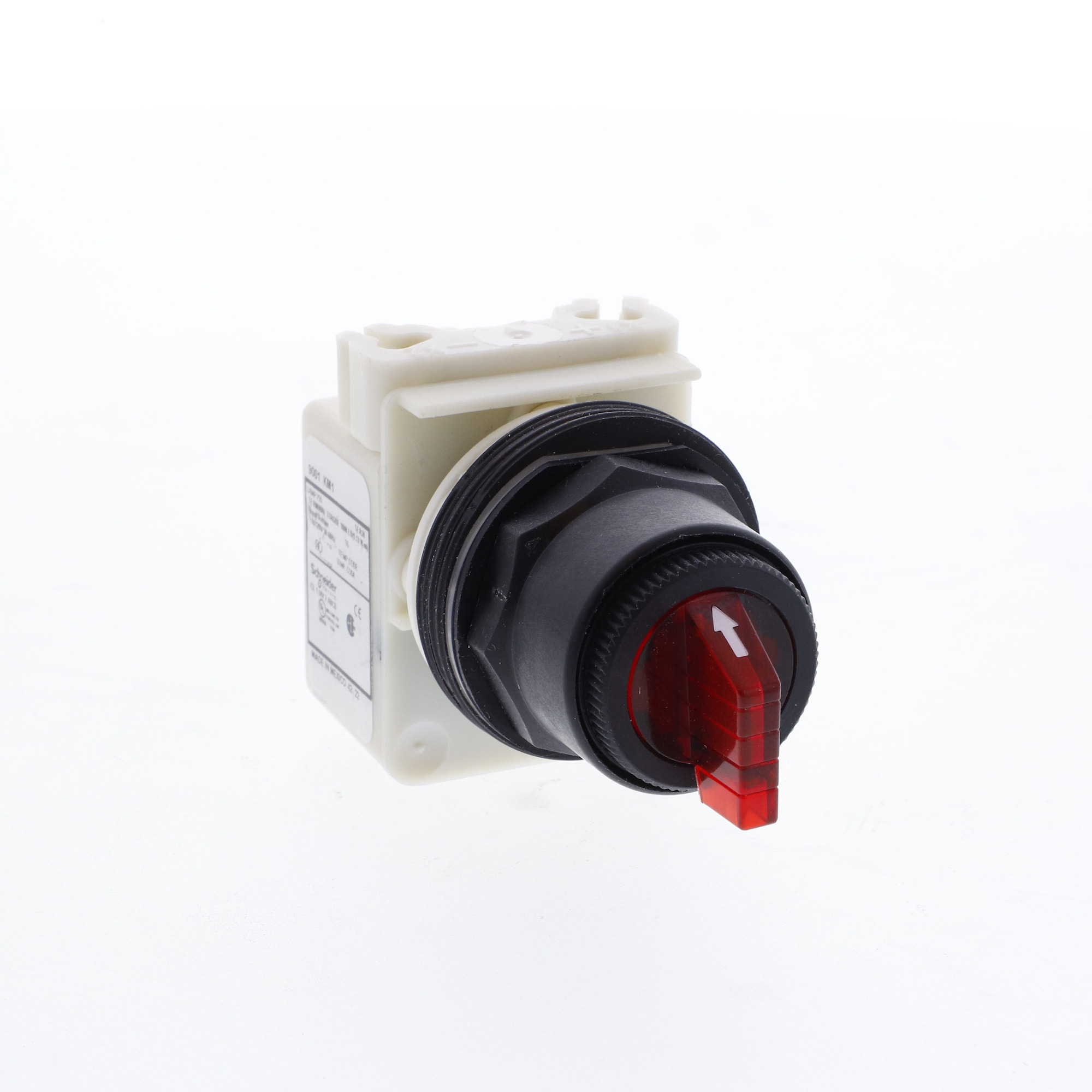 Illuminated selector switch head, Harmony 9001SK, plastic, standard handle, red, 30mm, 3 positions, stay put, 110-120V