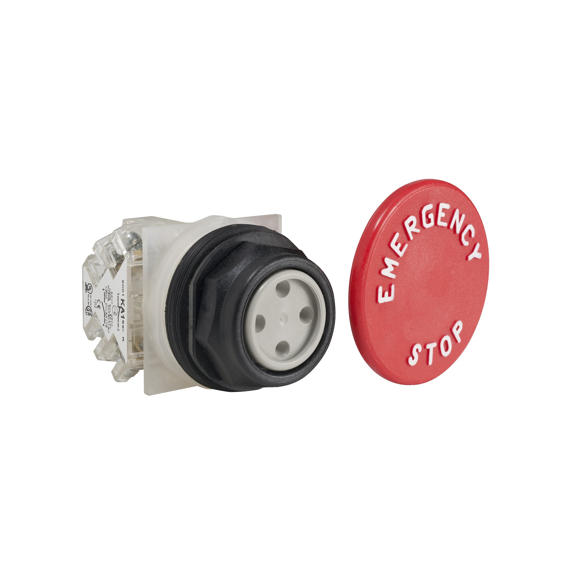 30mm push button, Type SK, 2.25 inch red mushroom button, 6A inductive at 120VAC, 1NO/1NC contact, NEMA 4, 4X