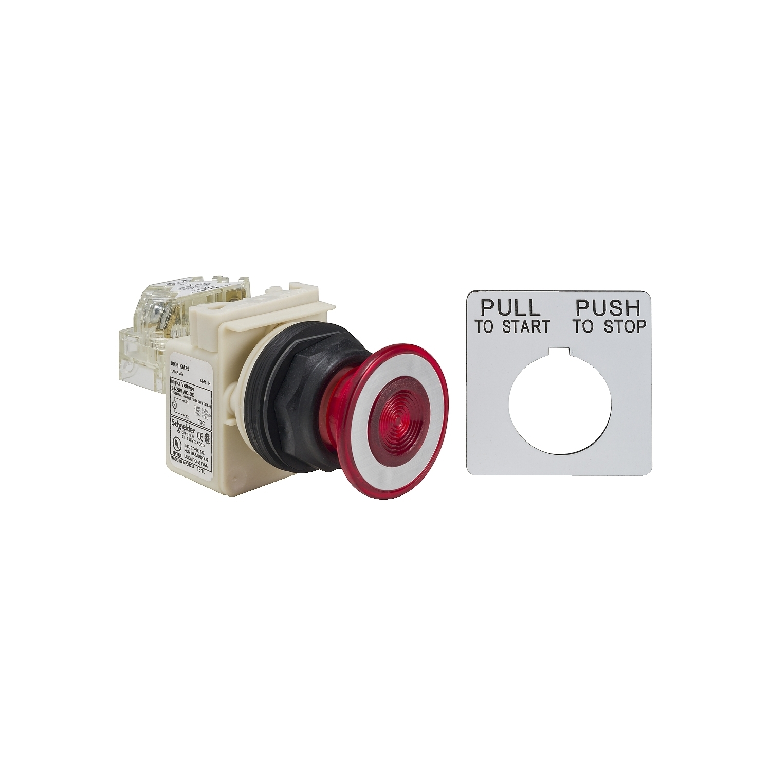 Harmony 9001SK Series Pushbutton, Plastic Bezel, Mushroom Head, 1C/O, Illuminated, 24/28V ac/dc, 30 mm Dia., Red