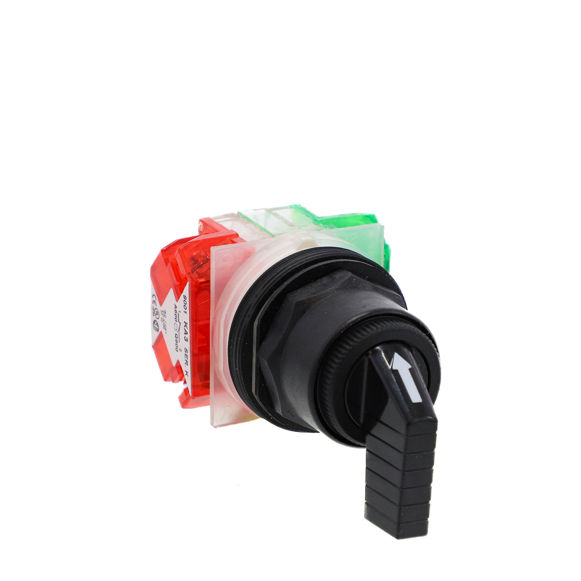 Selector switch, Harmony 9001SK, plastic, long handle, red, 30mm, 3 positions, stay put, 1 NC + 1 NO