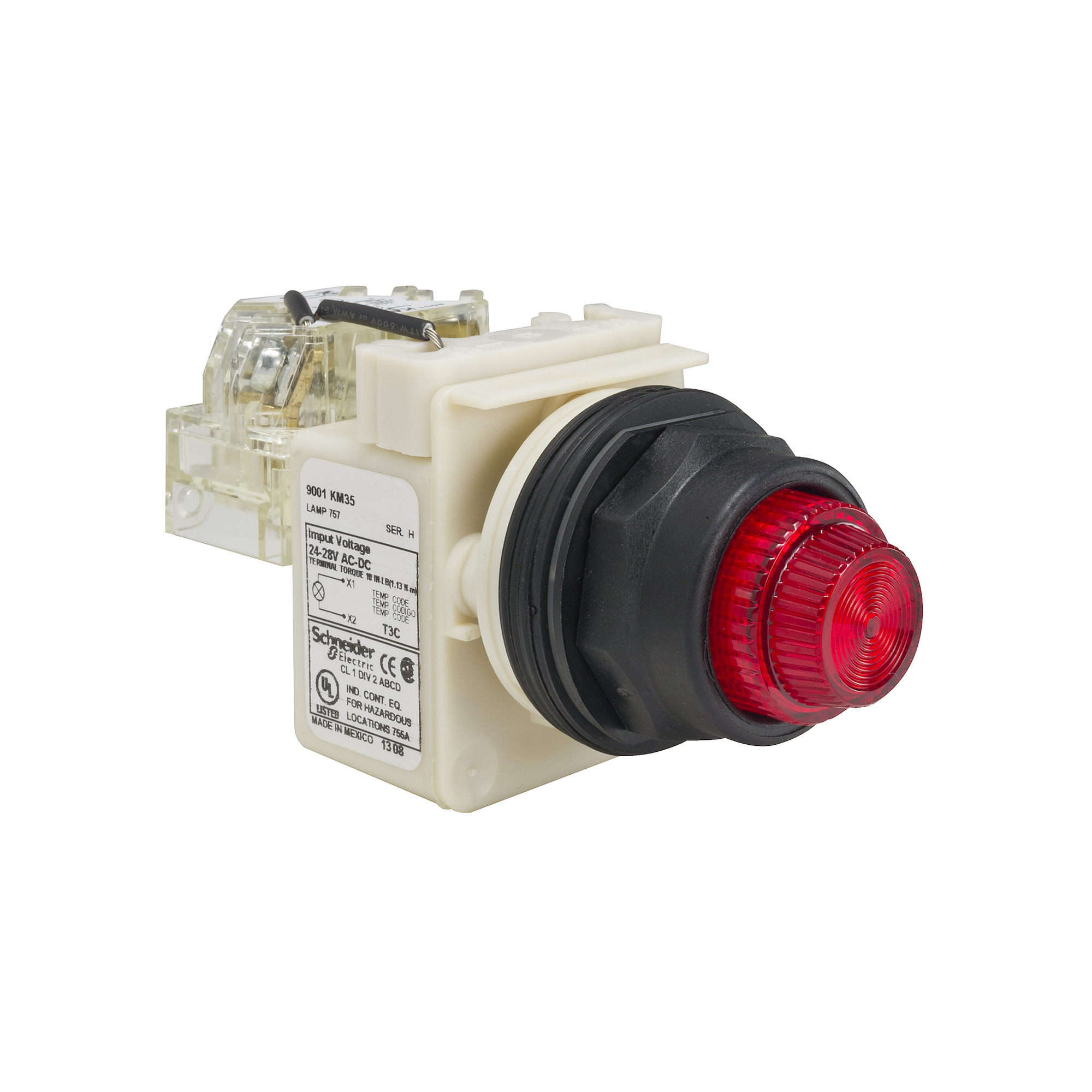 30mm push button, Type SK, push to test pilot light, 24/28VAC/VDC full voltage light module, red fresnel lens, NEMA 4, 4X