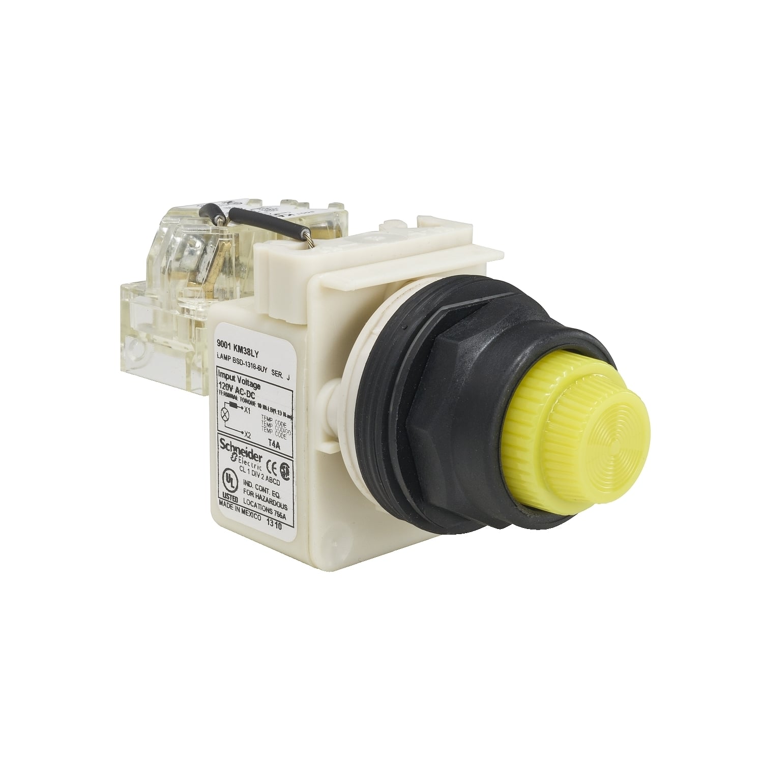 Push-to-test pilot light, Harmony 9001SK, plastic, polycarbonate, fresnel lens, yellow, 30mm, LED yellow, 120V