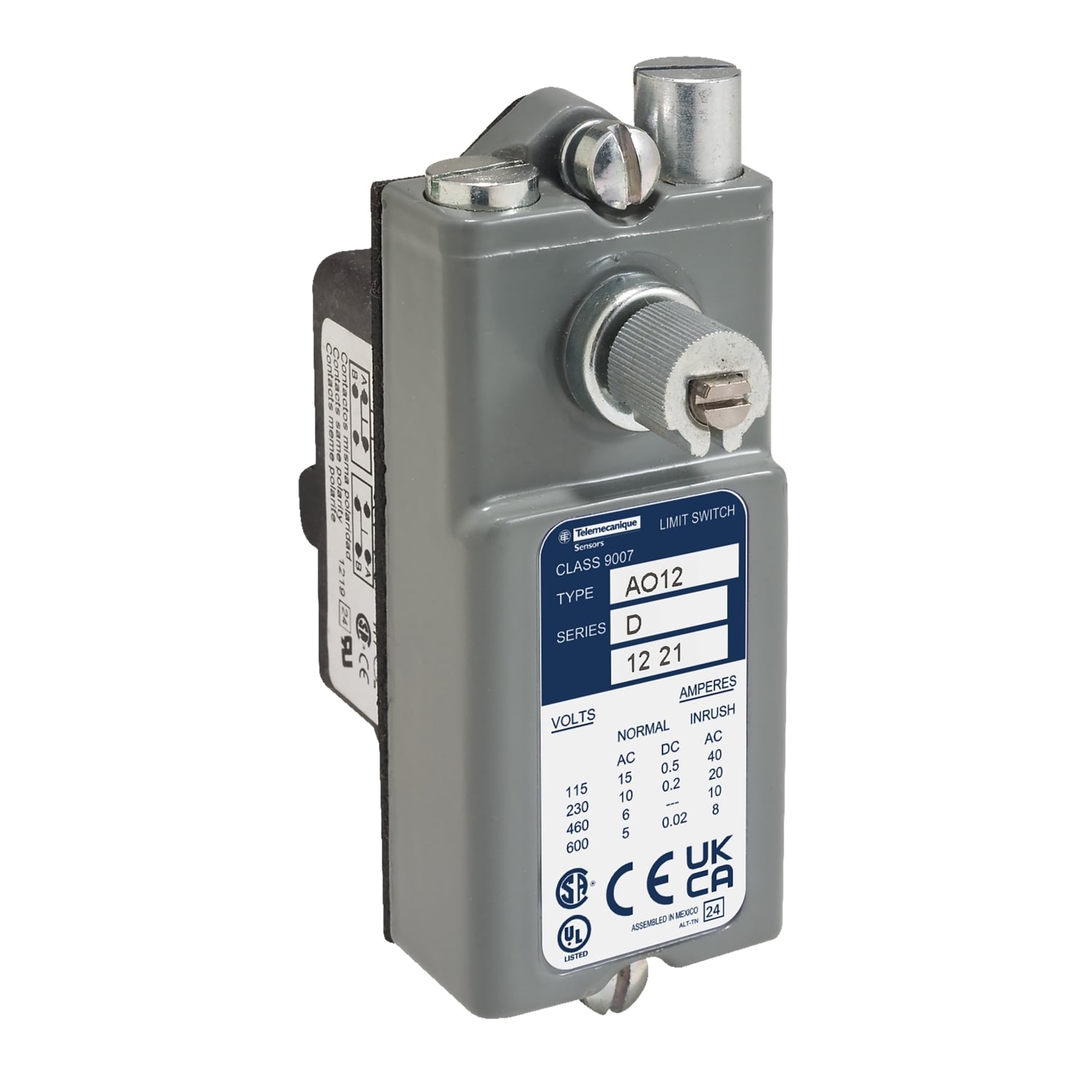 Limit switch, 9007AW, heavy duty industrial, precision, 15A at 120VAC, 1NO/1NC, lever arm, nonplug in, open type