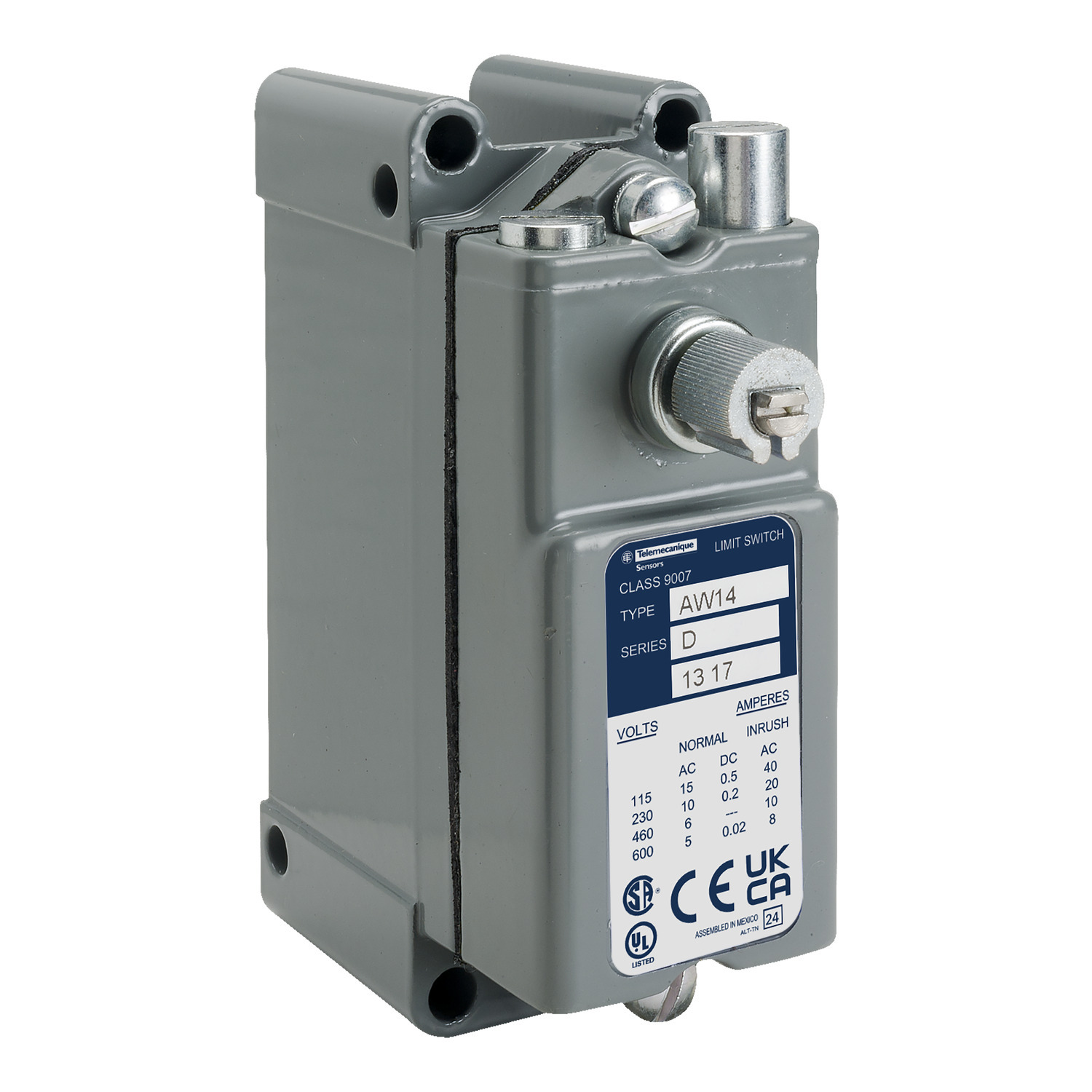 Limit switch, 9007AW, heavy duty industrial, precision, 15A at 120VAC, 1NO/1NC, lever arm, nonplug in, NEMA 4, 12, 13