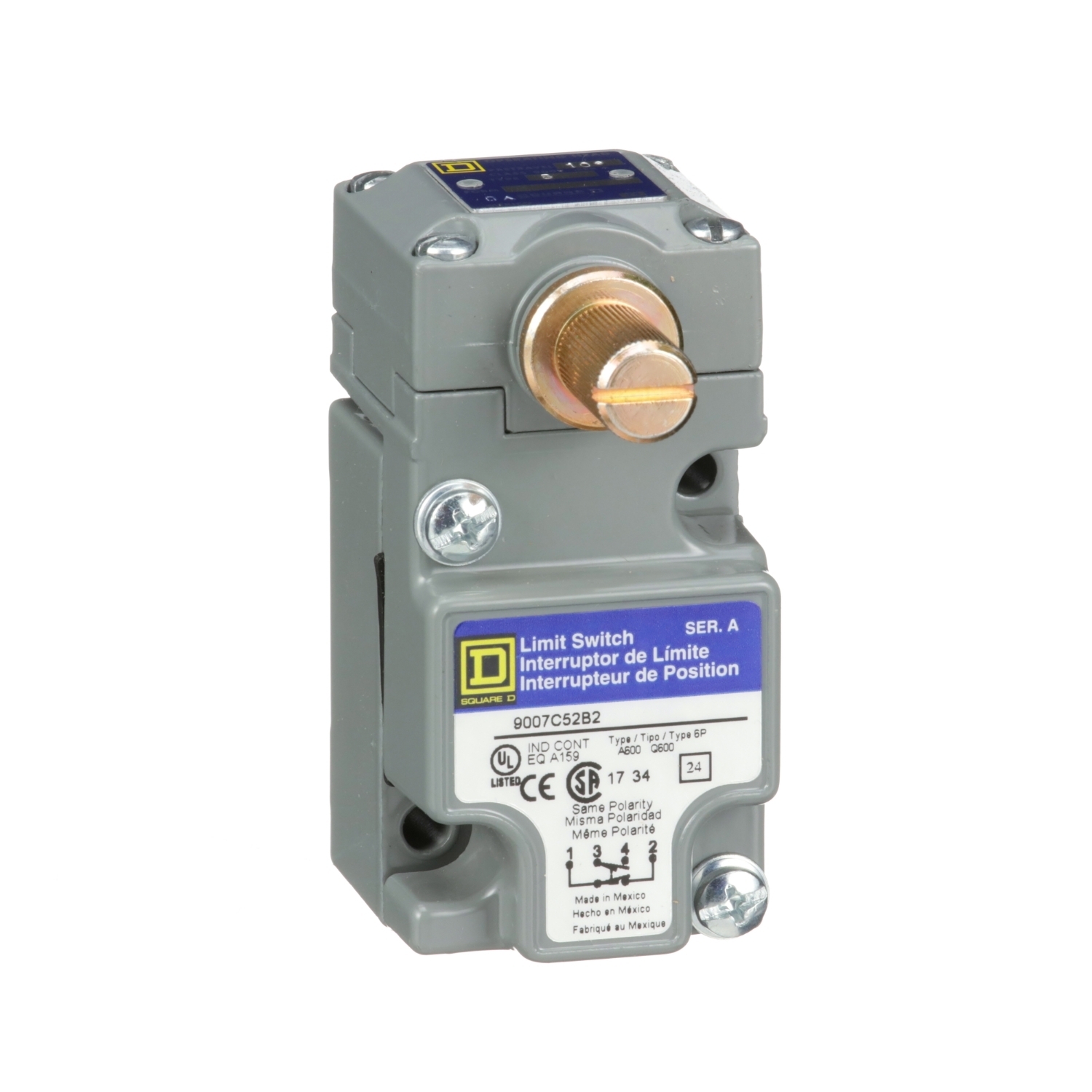 limit switch, 9007C, compact body, rotary lever arm, standard pretravel, spring return, 1 NO and 1 NC, NEMA 4 and 13