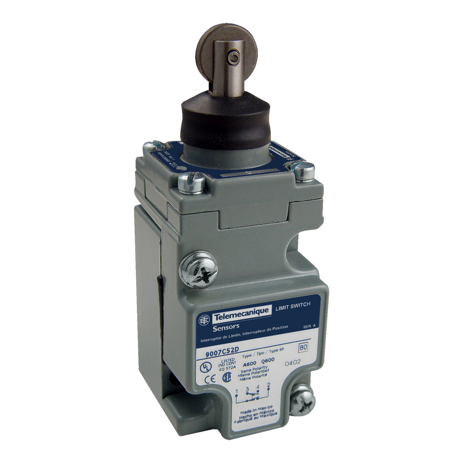 NEMA limit switch, 9007C, heavy duty, compact, steel spring return roller plunger, 10A, 600V, 1NO/1NC, NEMA 4, 6P, 13