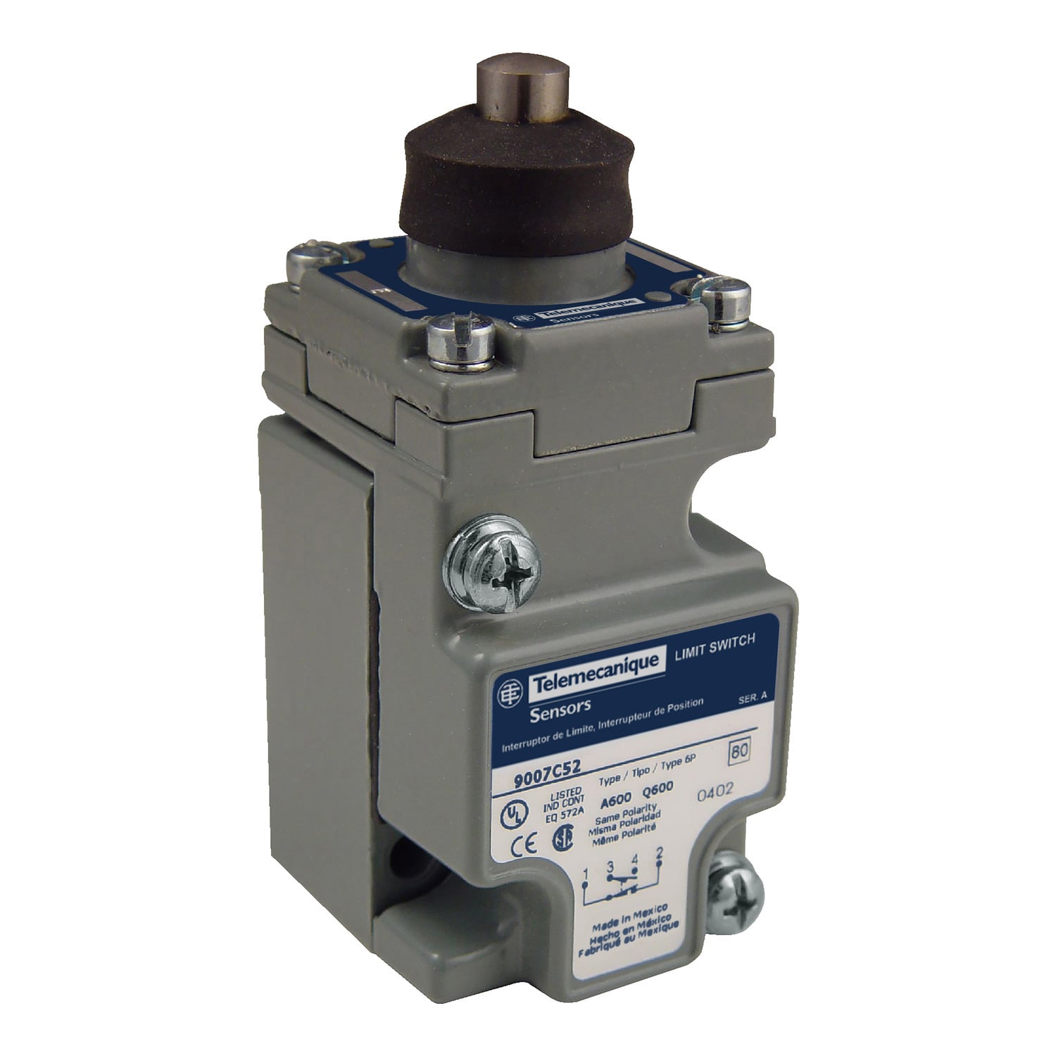 NEMA limit switch, 9007C, heavy duty, compact, steel spring return top plunger, 10A, 600V, 1NO/1NC, NEMA 4, 6P, 12, 13