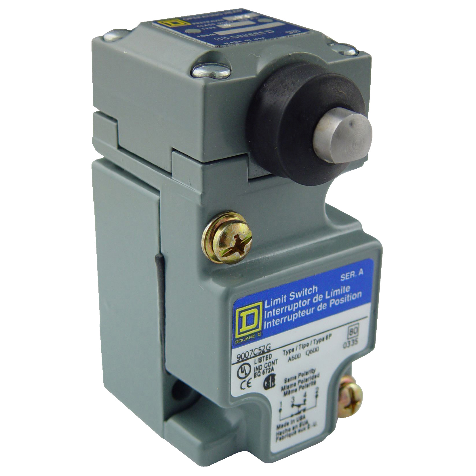 NEMA limit switch, 9007C, heavy duty, compact, steel spring return side plunger, 10A, 600V, 1NO/1NC, NEMA 4, 6P, 12, 13