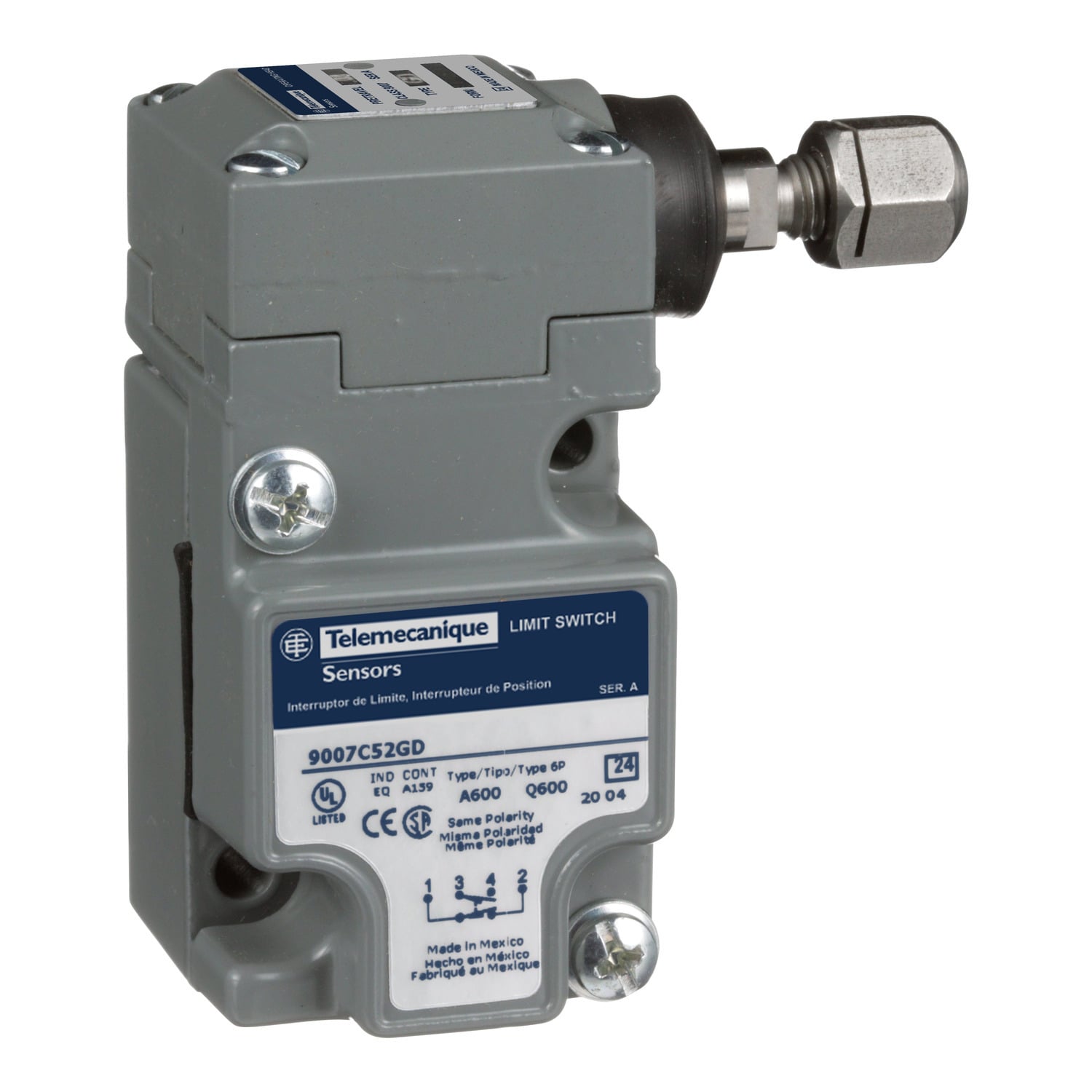 NEMA limit switch, 9007C, heavy duty, compact, steel spring return side plunger, adjustable, 10A, 600V, 1NO/1NC, NEMA 4