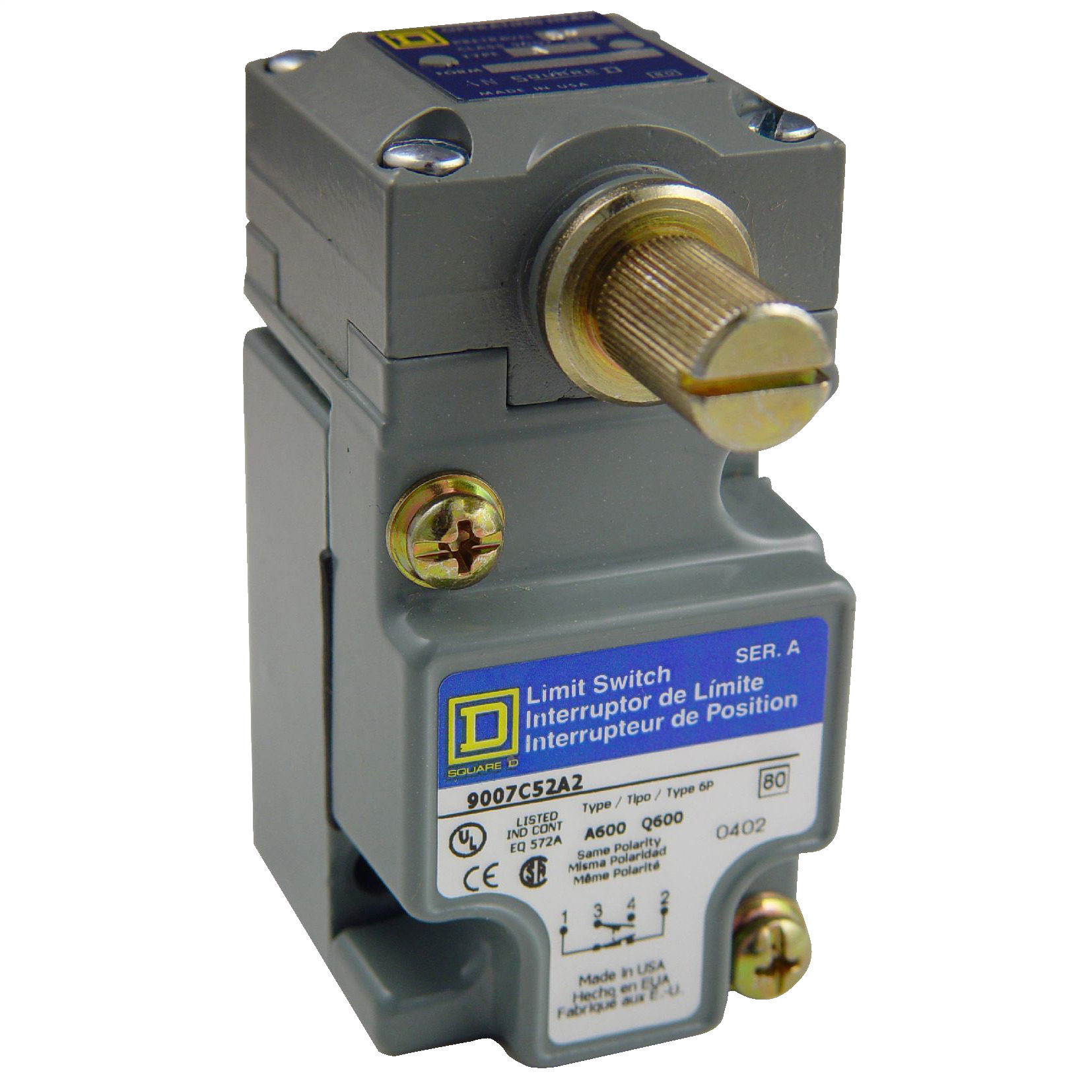 Square D,LIMIT SWITCH 600V 10AMP C +OPTIONS,-,metal,plug-in,-20...185 F for standard environment,5-Pin Mini Connector,6 A,600V,9007,limit switch,plug-in,rotary head,9007C,heavy duty,rotary head,Lever Arm (ordered separately) CW and CCW,NC-NO,NEMA A600/Q600,UL Listed - CSA Certified - CE Marked,plug-in,rotary,standard environment