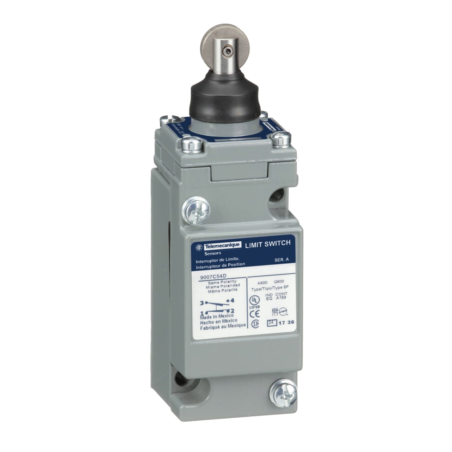 limit switch, 9007C, full body, top roller plunger head, spring return, 1 NO and 1 NC, 1 NO and 1 NC, NEMA 4 and 13
