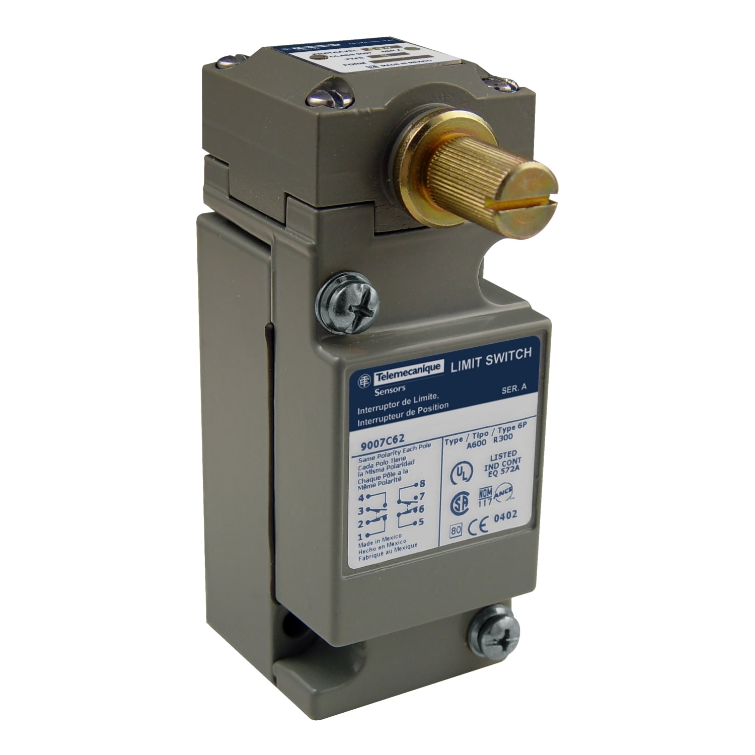 NEMA limit switch, 9007C, heavy duty, standard, spring return lever, standard pretravel, 10A, 600V, 2NO/2NC, NEMA 4, 13