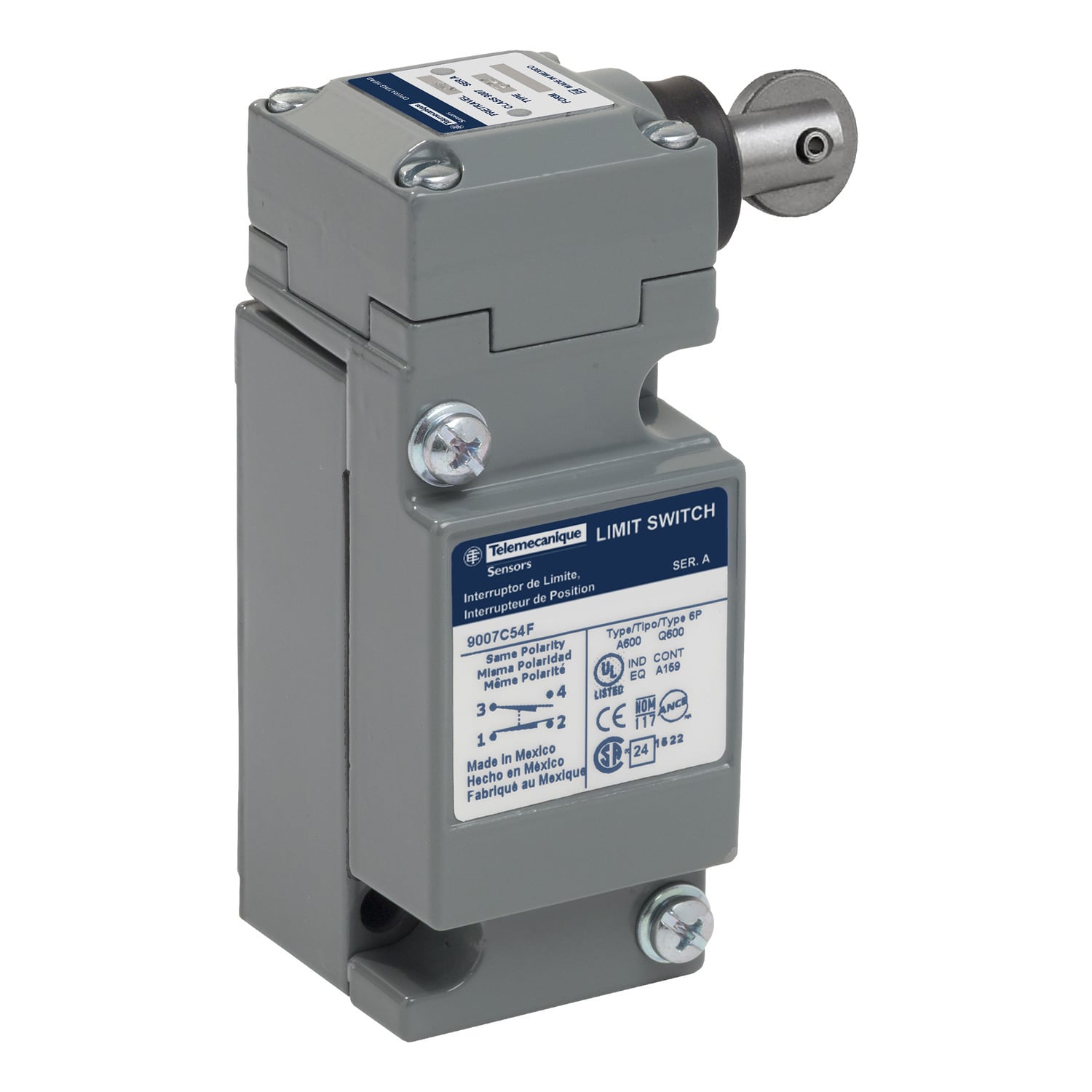 NEMA limit switch, 9007C, heavy duty, standard, steel spring return side roller plunger, 10A, 600V, 2NO/2NC, NEMA 4, 13