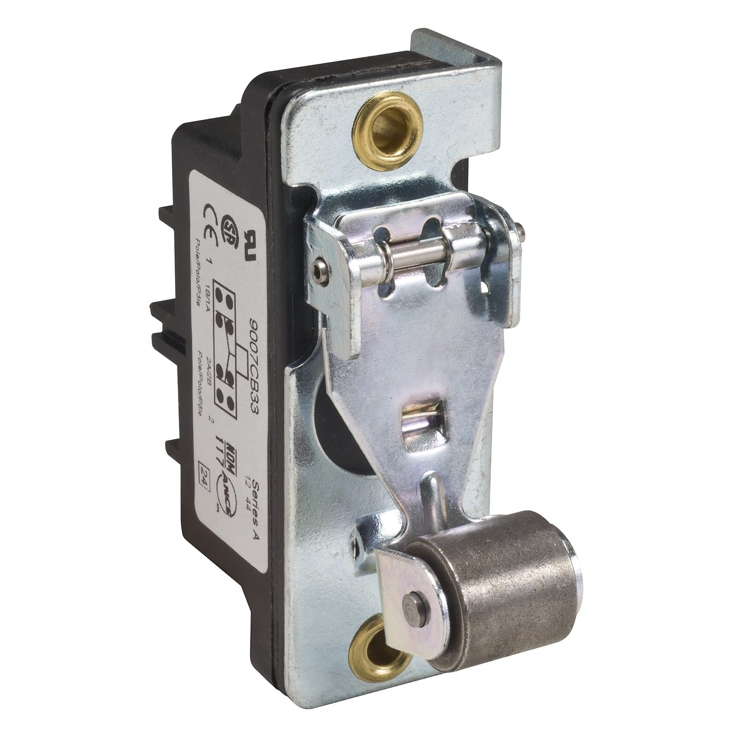 Snap switch, 9007CB, metal spring return roller lever plunger, left hand bracket, 10A, 600V, 2NO/2NC, NEMA 1