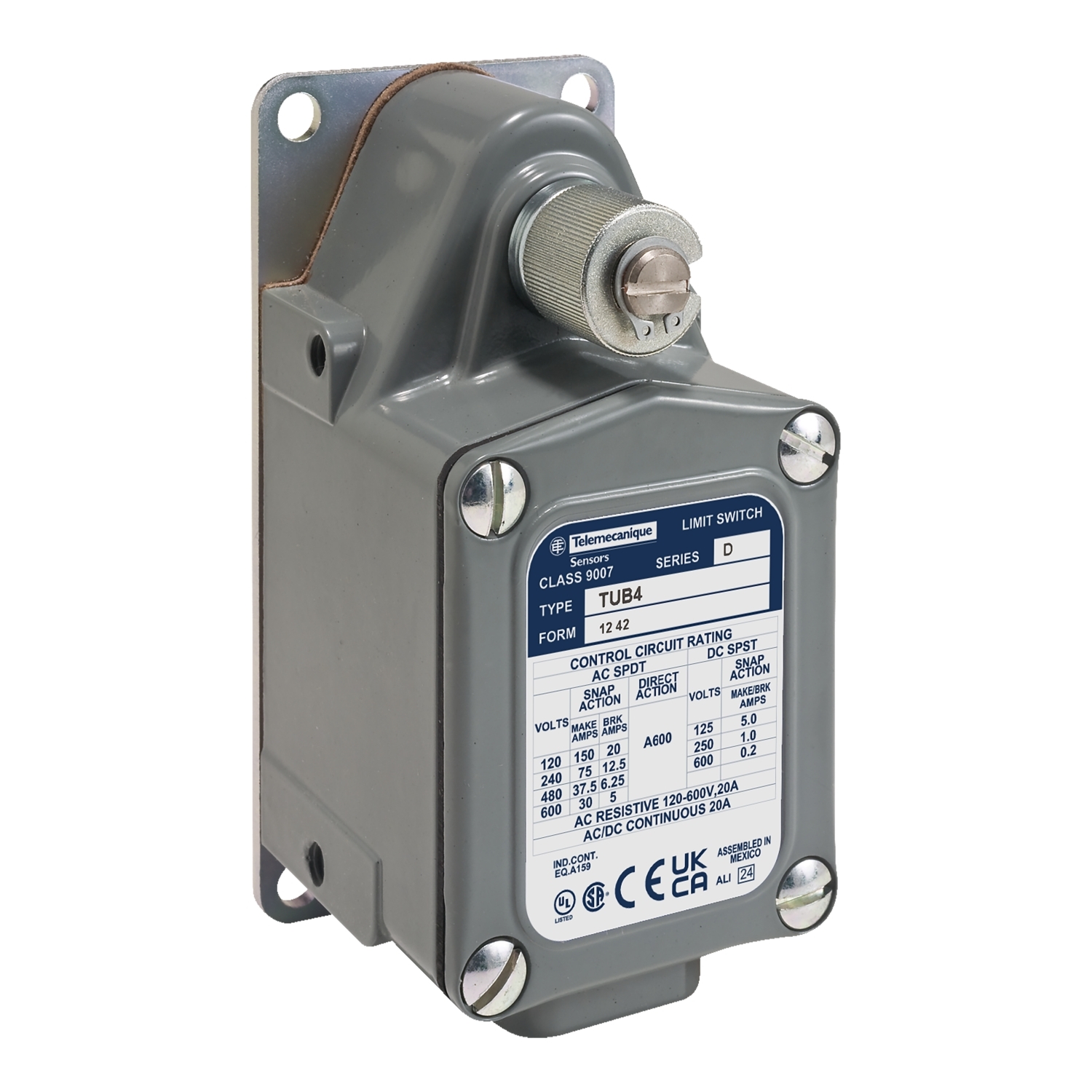LIMIT SWITCH C +OPTIONS,-20 to 185 Degrees F,1 N.C.,5A,600VAC/250VDC,Conduit Entrance (0.5 Inch NPT) Screw Clamp,Front/Rear,Hoist Overtravel Heavy Duty,NEMA 1/2/4/6/6P/12/13,NEMA C600/Q150,UL Listed File Number E42259 CCN NKCR - CSA Certified File Number LR25490 Class 3211-03 - CE Marked