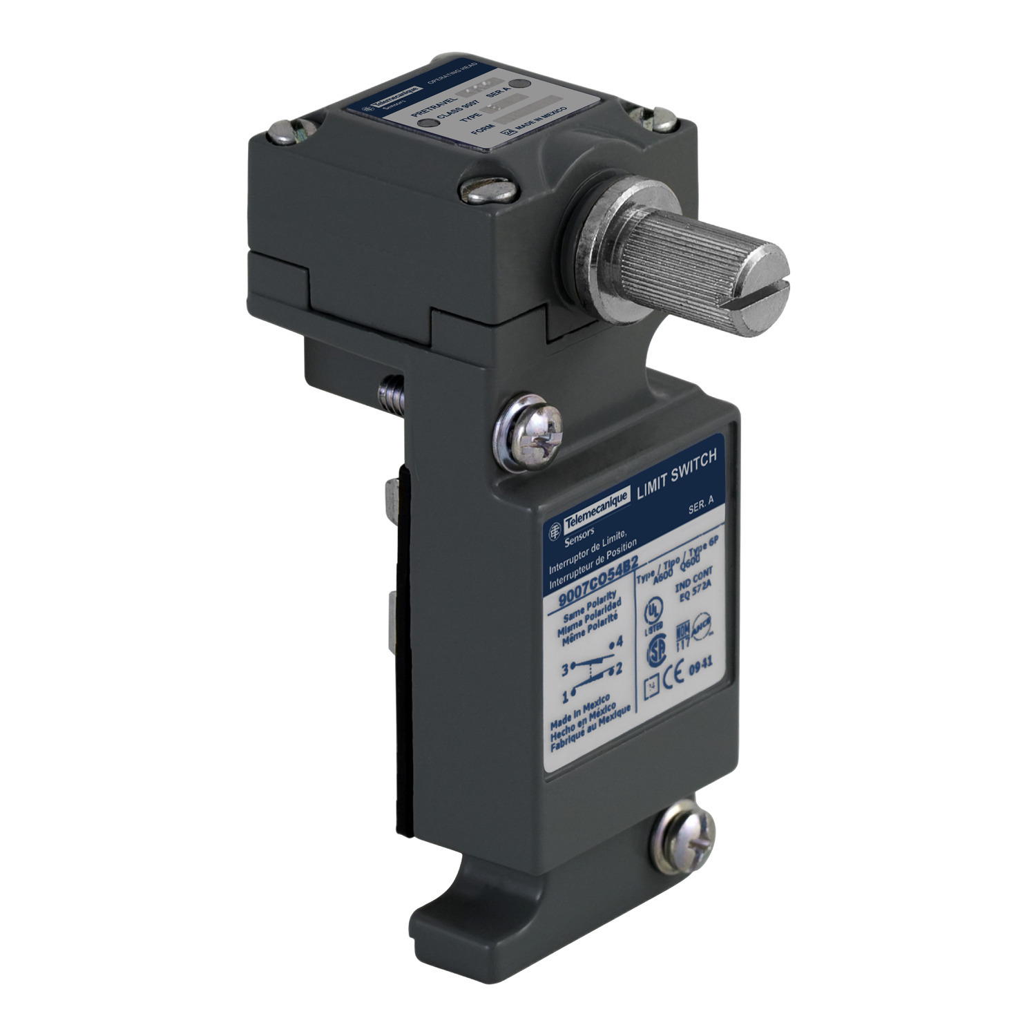 NEMA limit switch, 9007C, heavy duty, standard, plug in body, spring return lever head, 10A, 600V, 1NO/1NC