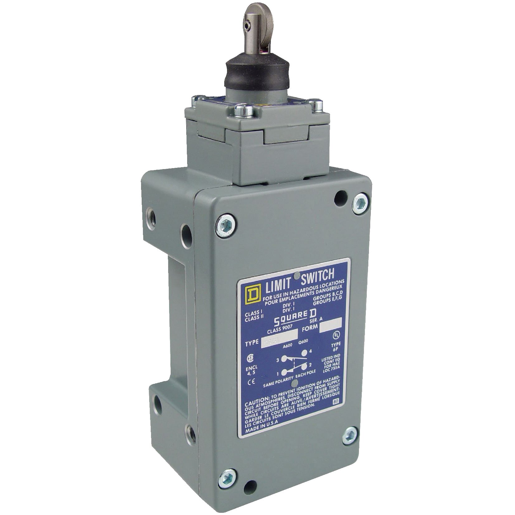 NEMA limit switch, 9007C, heavy duty, standard, steel spring return roller plunger, 10A, 600V, 1NO/1NC, NEMA 7/9