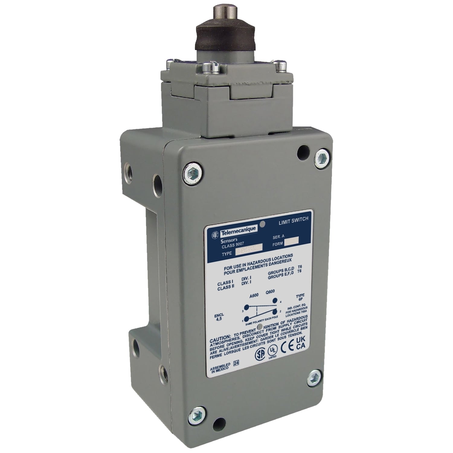 NEMA limit switch, 9007C, heavy duty, standard, steel spring return top plunger, 10A, 600V, 1NO/1NC, NEMA 7/9