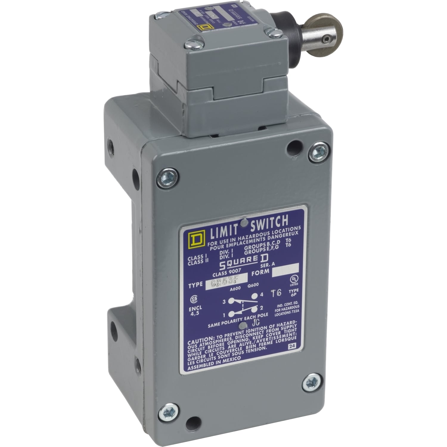 NEMA limit switch, 9007C, heavy duty, standard, steel spring return side roller plunger, 10A, 600V, 1NO/1NC, NEMA 7/9